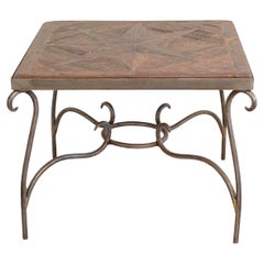 1980s French Coffee Table with Old Wind Rose Parquet Top and Wrought Iron Base
