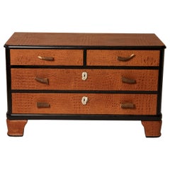 1980s French Crocodile Embossed Brown Leather Commode with Horn Accents