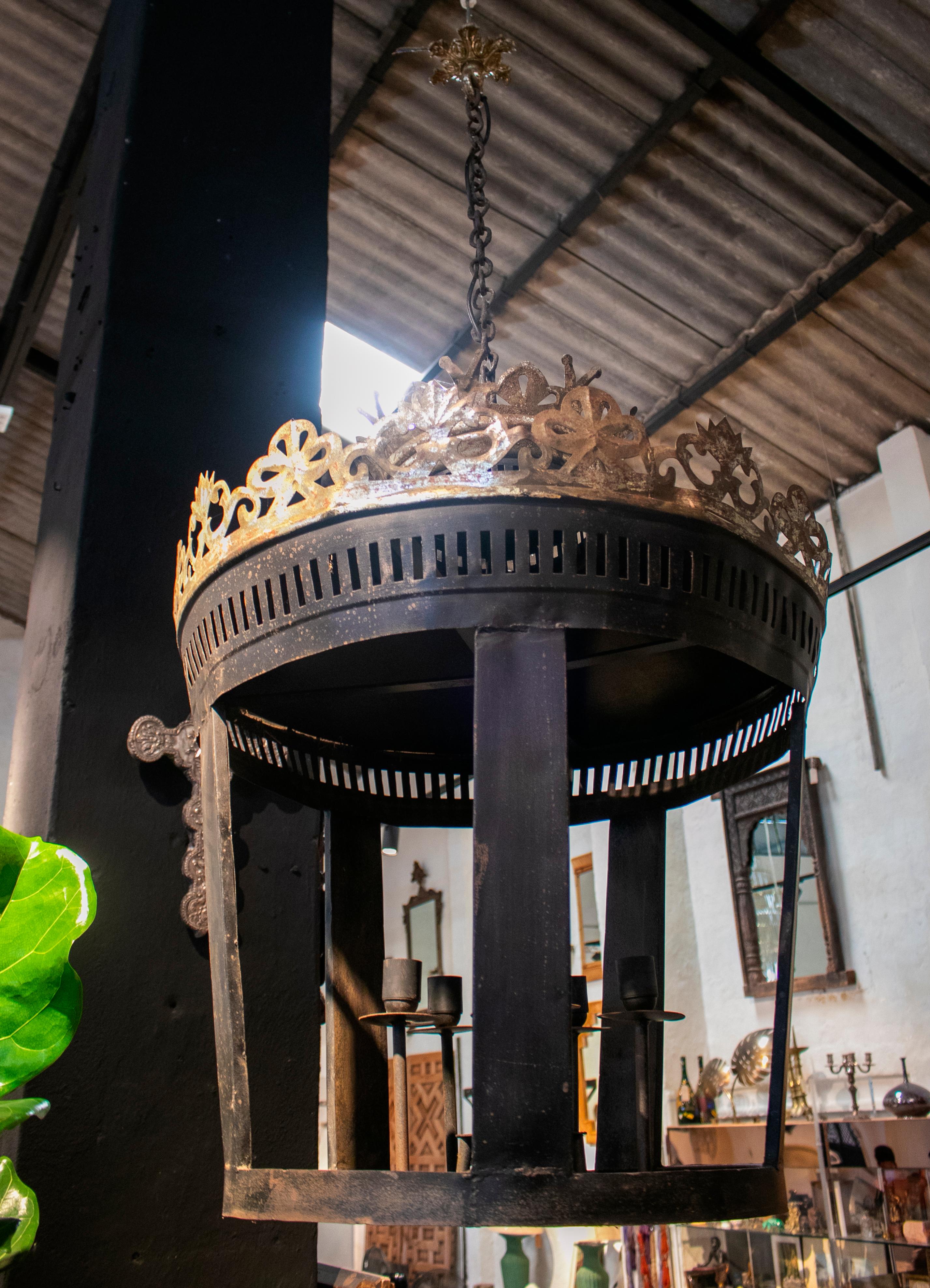 1980s French crown shaped iron ceiling lantern.