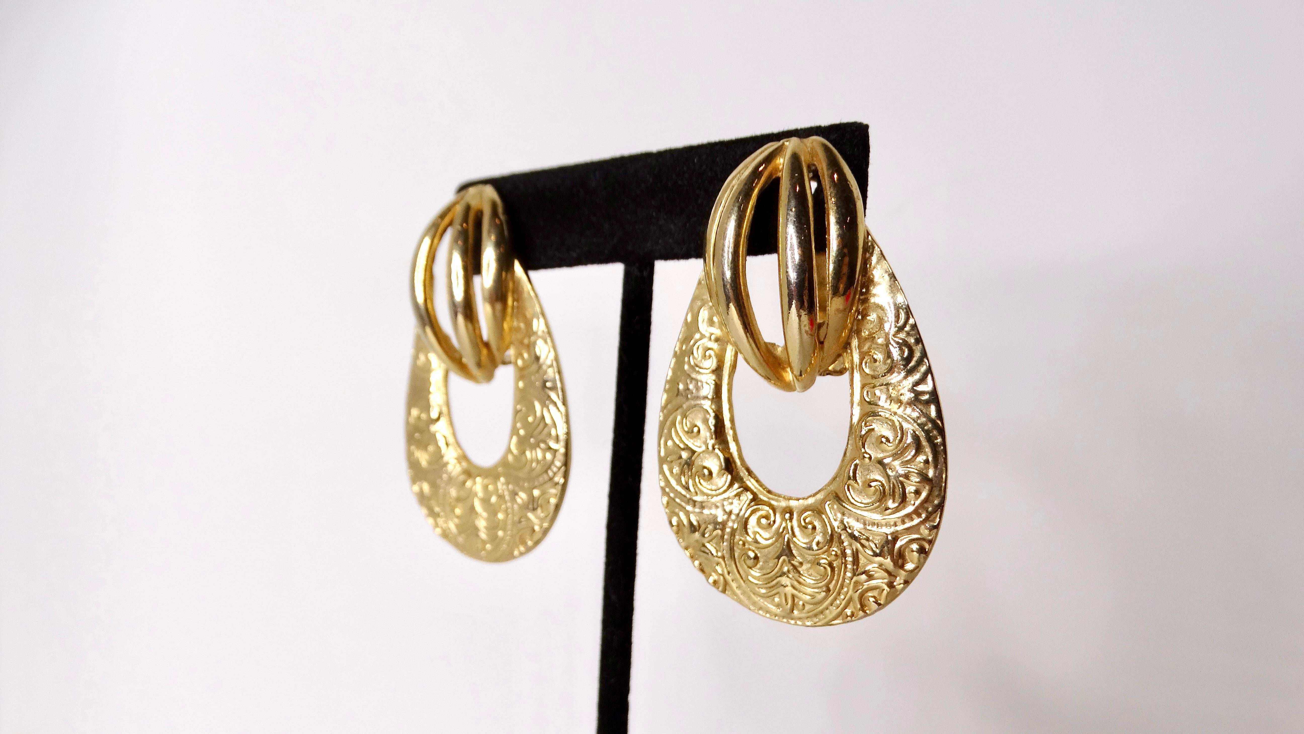 1980s French Detailed 14k Yellow Gold Plated Door Knocker Earrings In Good Condition For Sale In Scottsdale, AZ