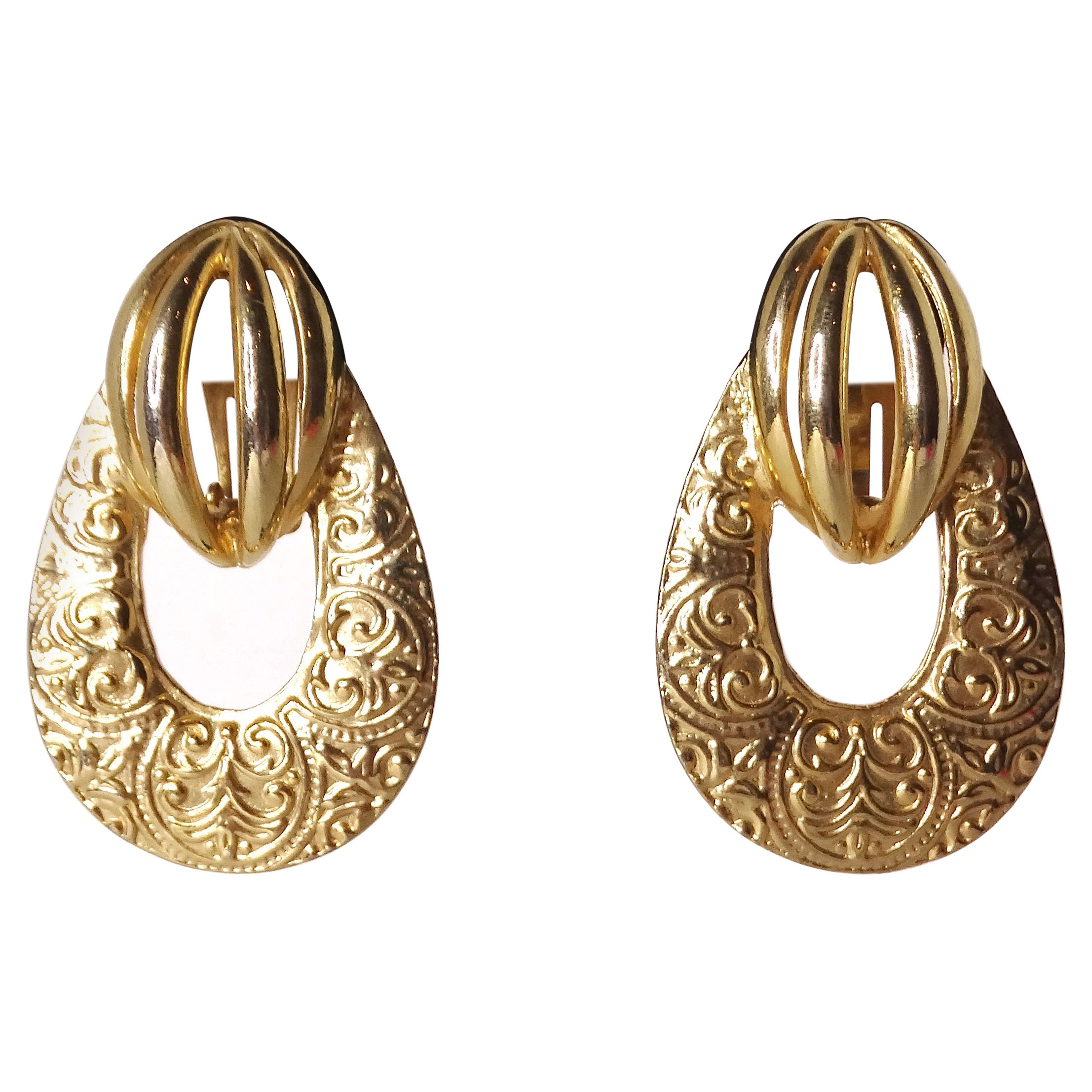 Französische detaillierte 14k Gelbgold-Ohrringe mit Türgriffen, 1980er Jahre