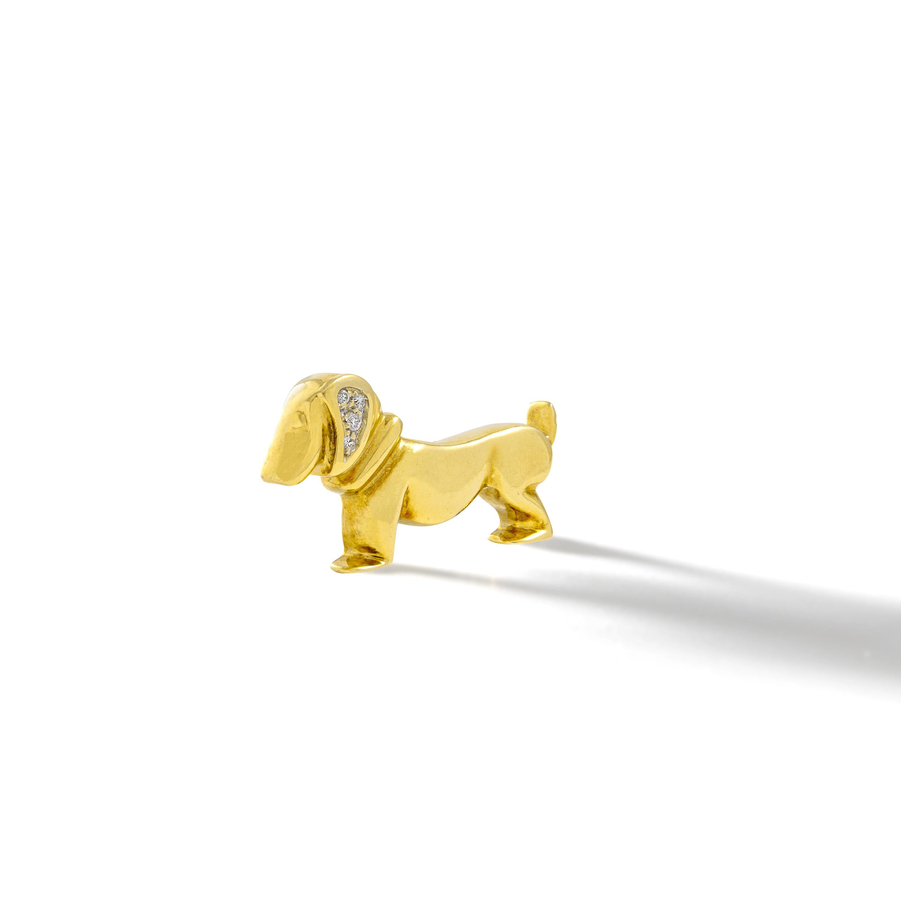 1980er Jahre Französische Diamant- und Gelbgold 18 Karat Dachshund Hundebrosche Clip (Rundschliff) im Angebot