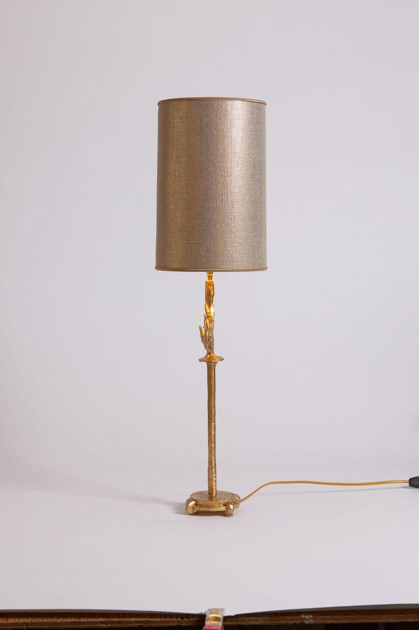 1980s rare gilt bronze table lamp by Fondica with a metallic shade.