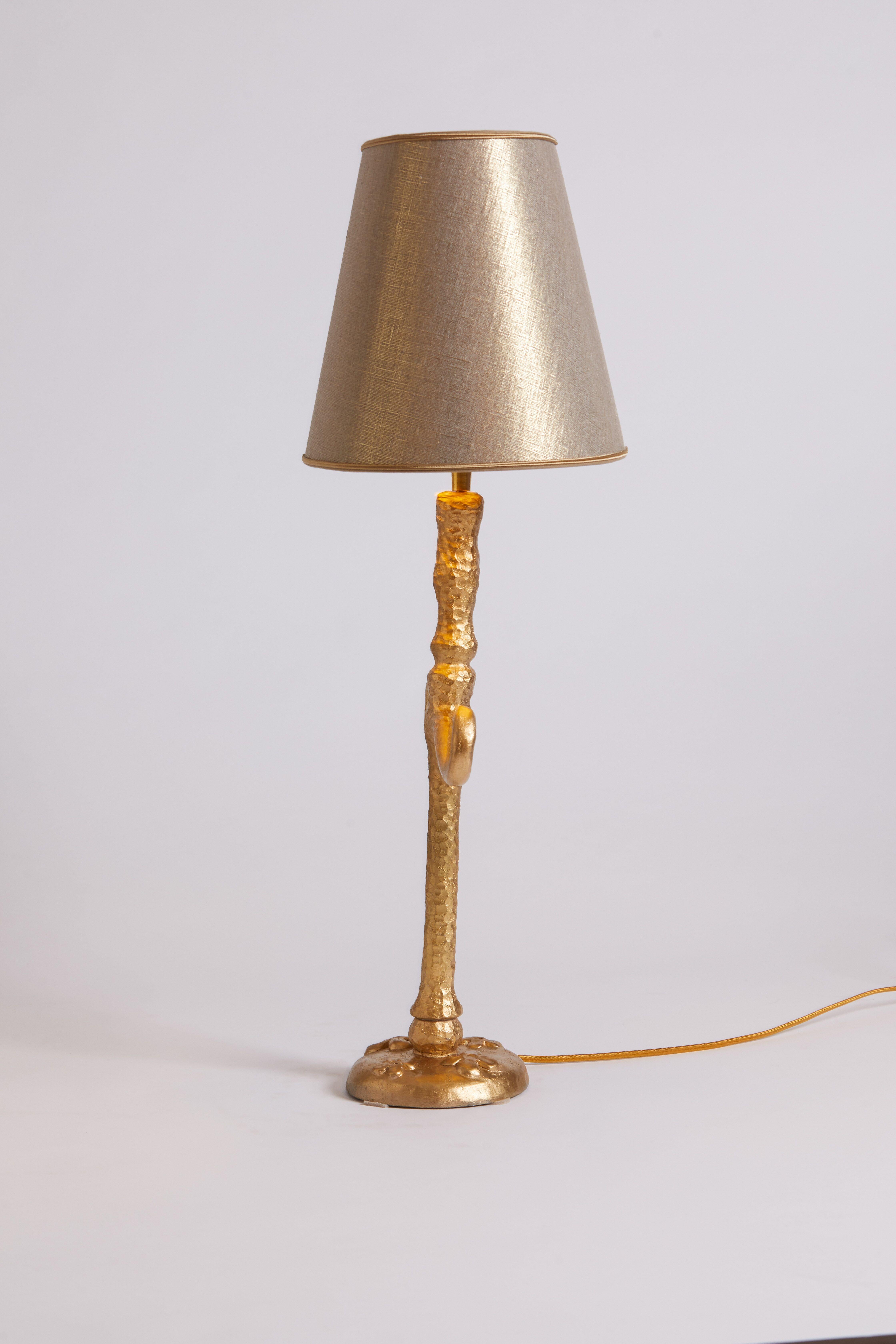 1980s rare gilt bronze table lamp by Fondica with a metallic shade.