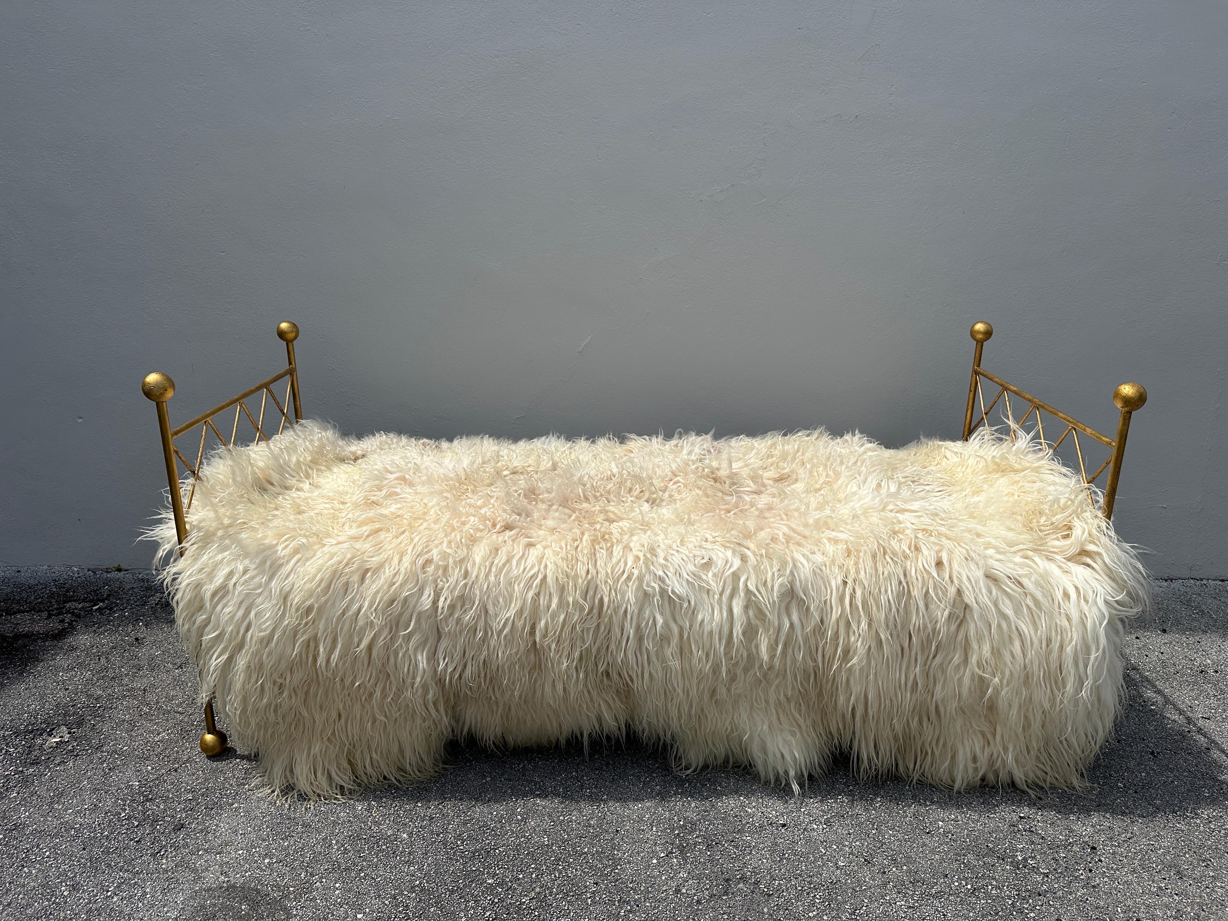 20th Century 1980's French Gilt Iron Daybed - Newly Upholstered For Sale