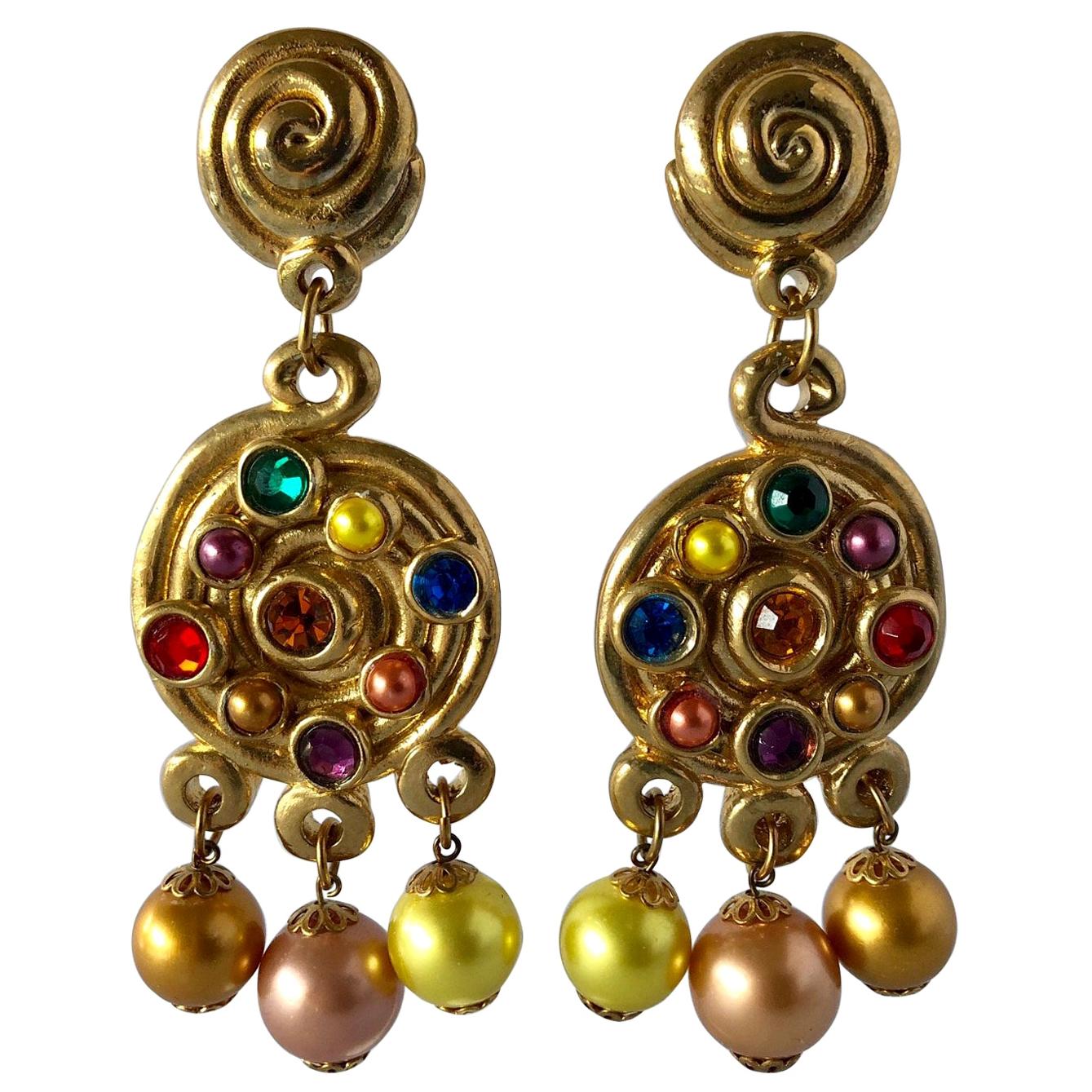 1980’s  French Gold Swirl Statement Jeweled Chandelier Statement Earrings