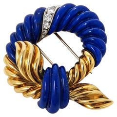 1980s French Lapis Lazuli, Diamond and 18 Karat Gold Wreath Brooch by S&Co