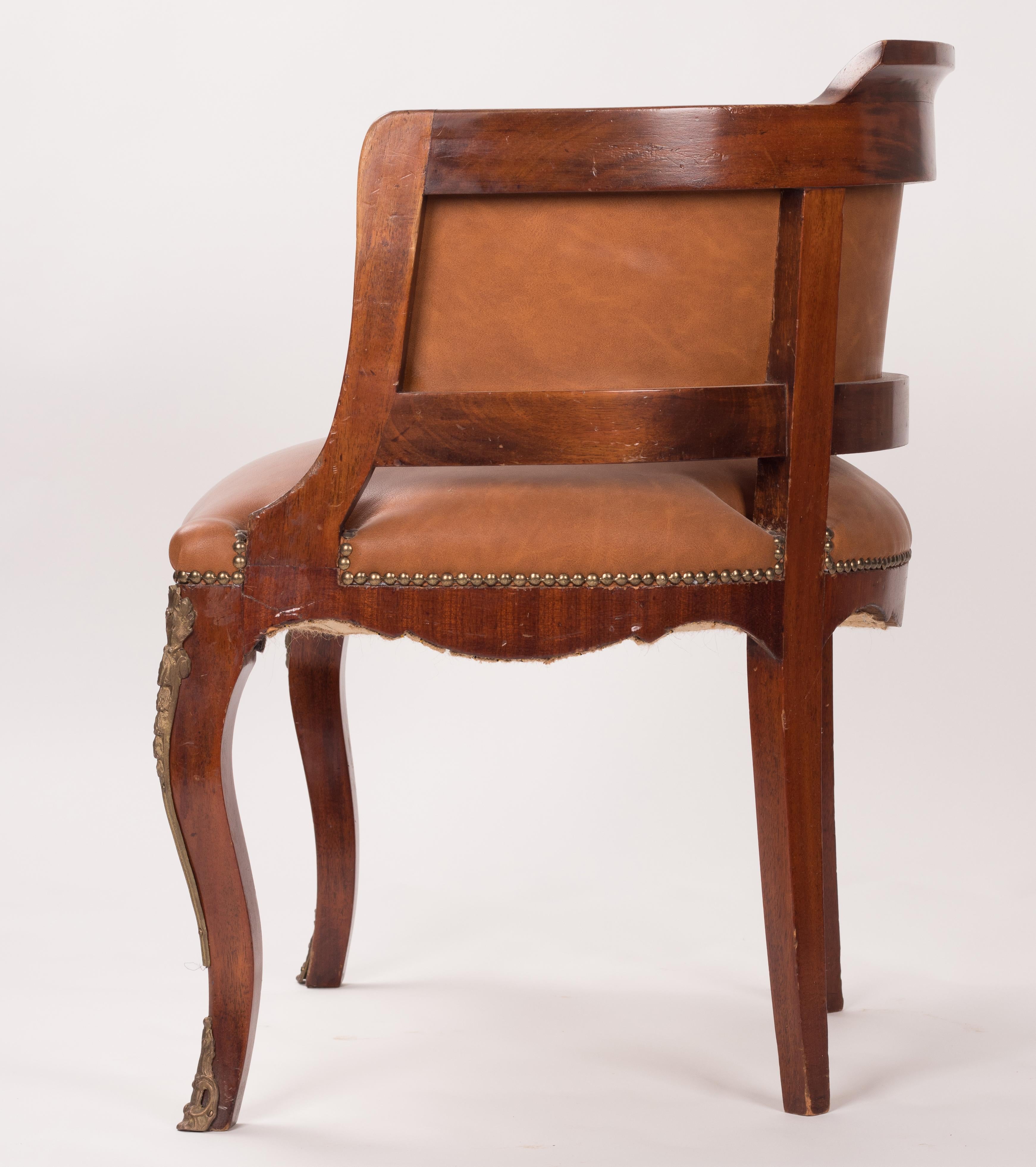 1980s French Leather Office Armchair with Brass Decorations 3