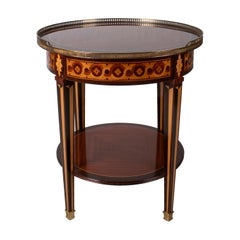 1980s French Mahogany Round Side Table w/ Bronze Decorations & Inlays