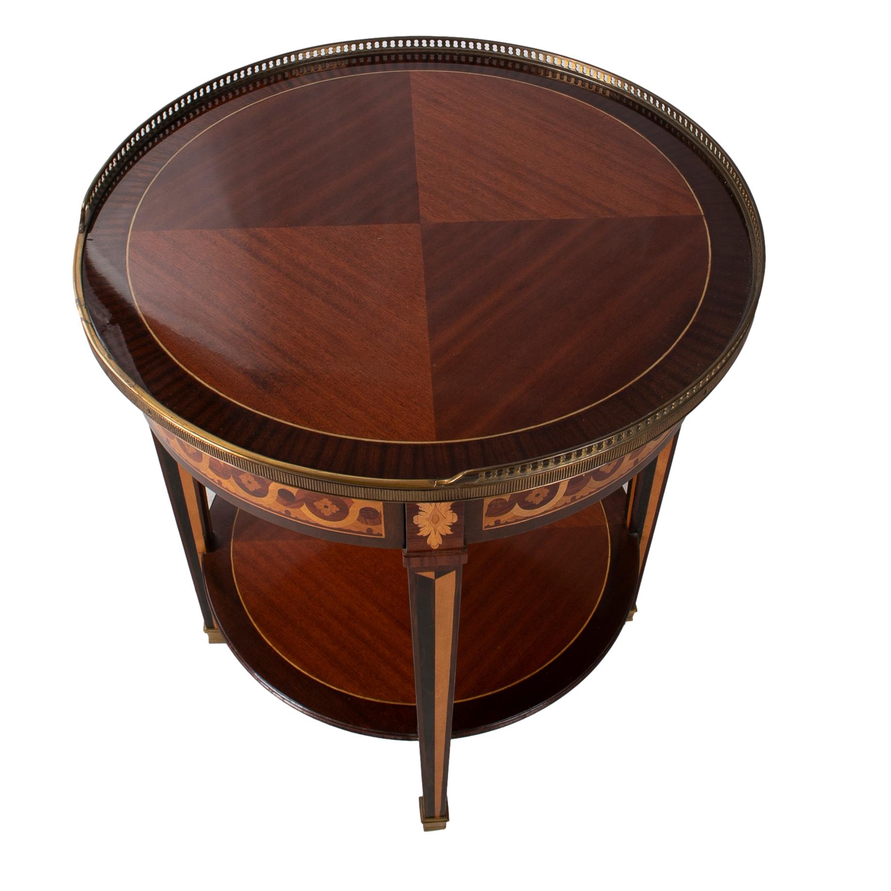 20th Century 1980s French Mahogany Round Side Table w/ Bronze Decorations & Inlays For Sale