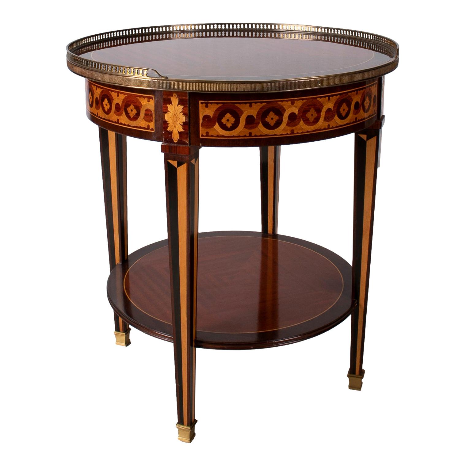 1980s French Mahogany Round Side Table w/ Bronze Decorations & Inlays