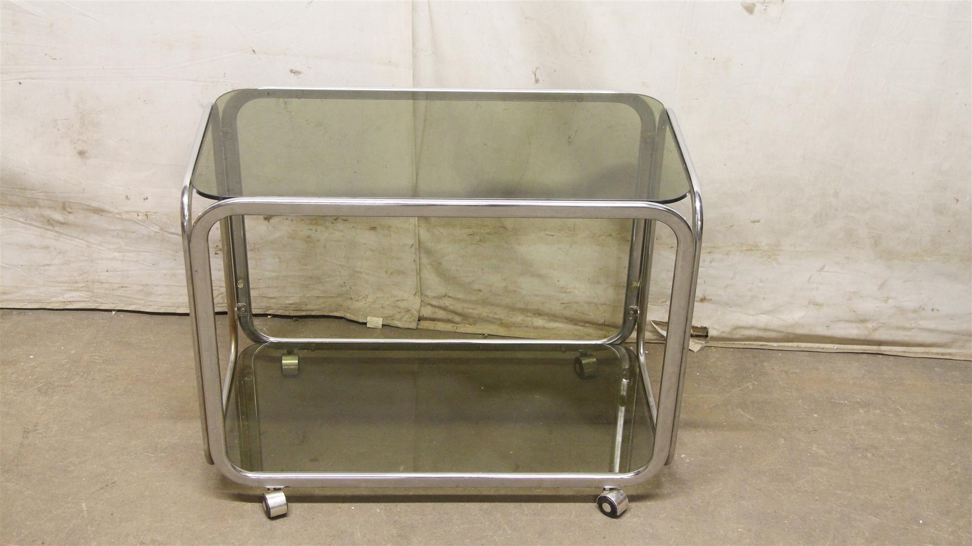 European 1980s French Mid-Century Modern Chrome Bar Cart with Dark Glass Shelves