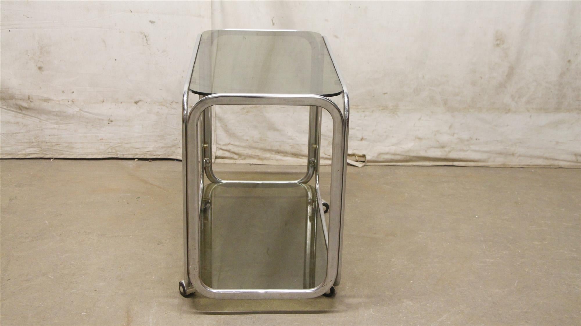 1980s French Mid-Century Modern Chrome Bar Cart with Dark Glass Shelves In Good Condition In New York, NY