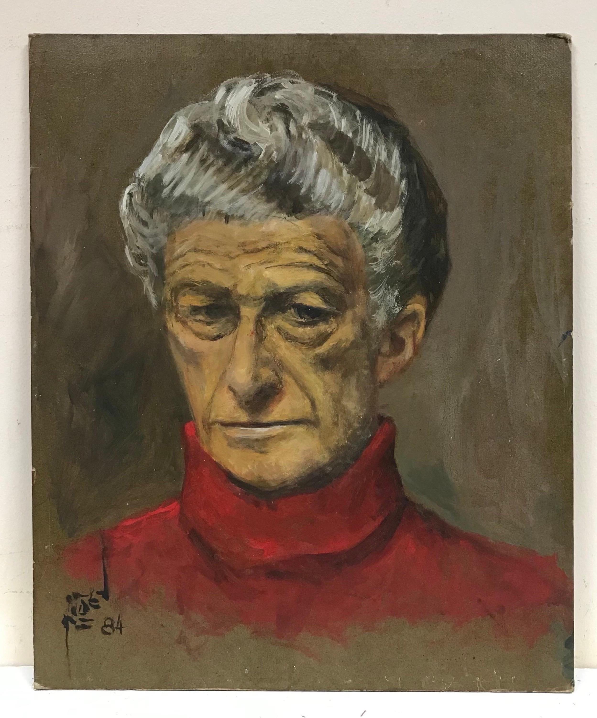 Porträt eines markanten Mannes mit rotem Polokragenpullover, signiertes Ölgemälde – Painting von 1980's French