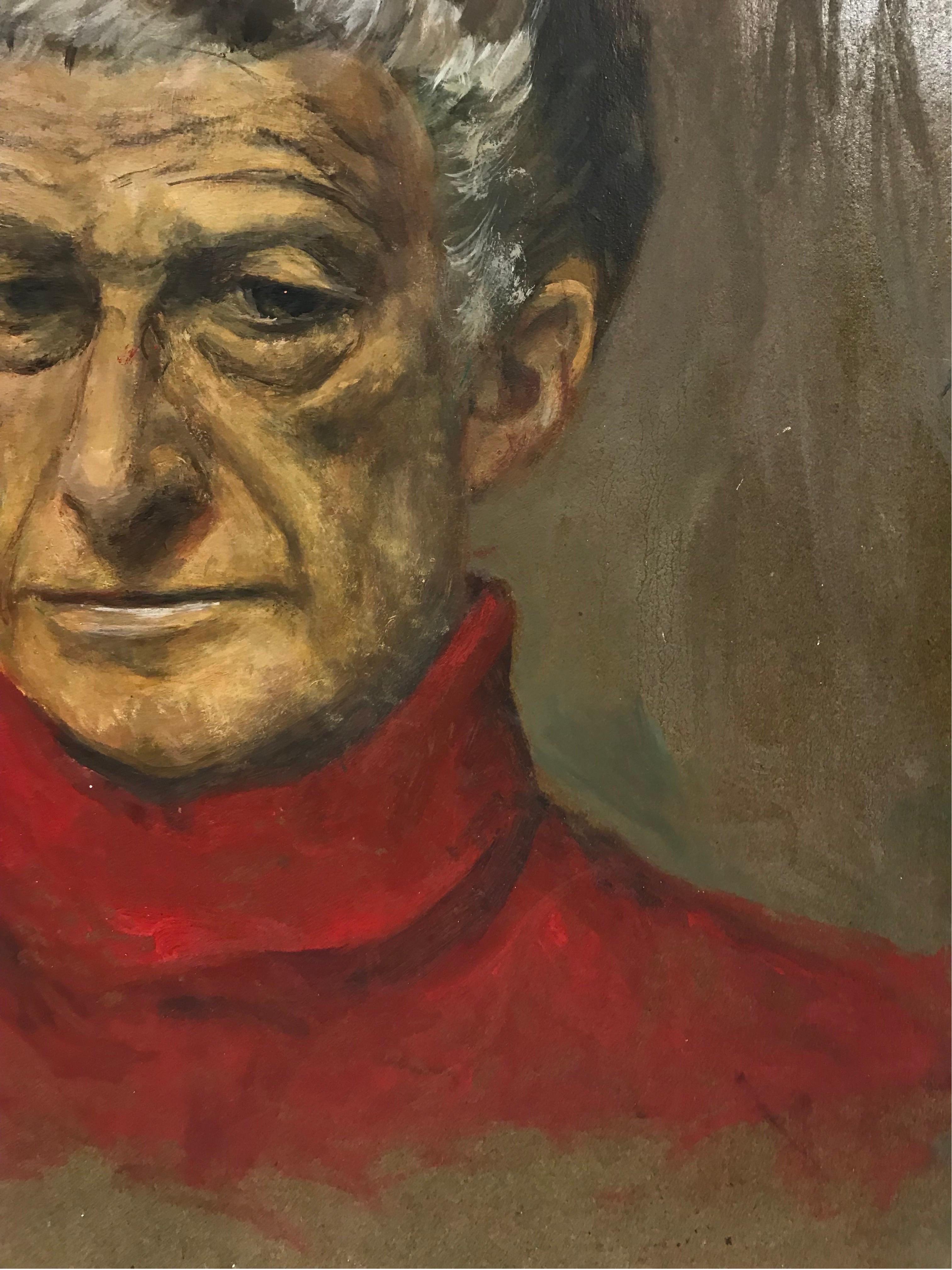 Portrait of Distinguished Man in Red Polo Neck Sweater, signed oil painting - Impressionist Painting by 1980's French
