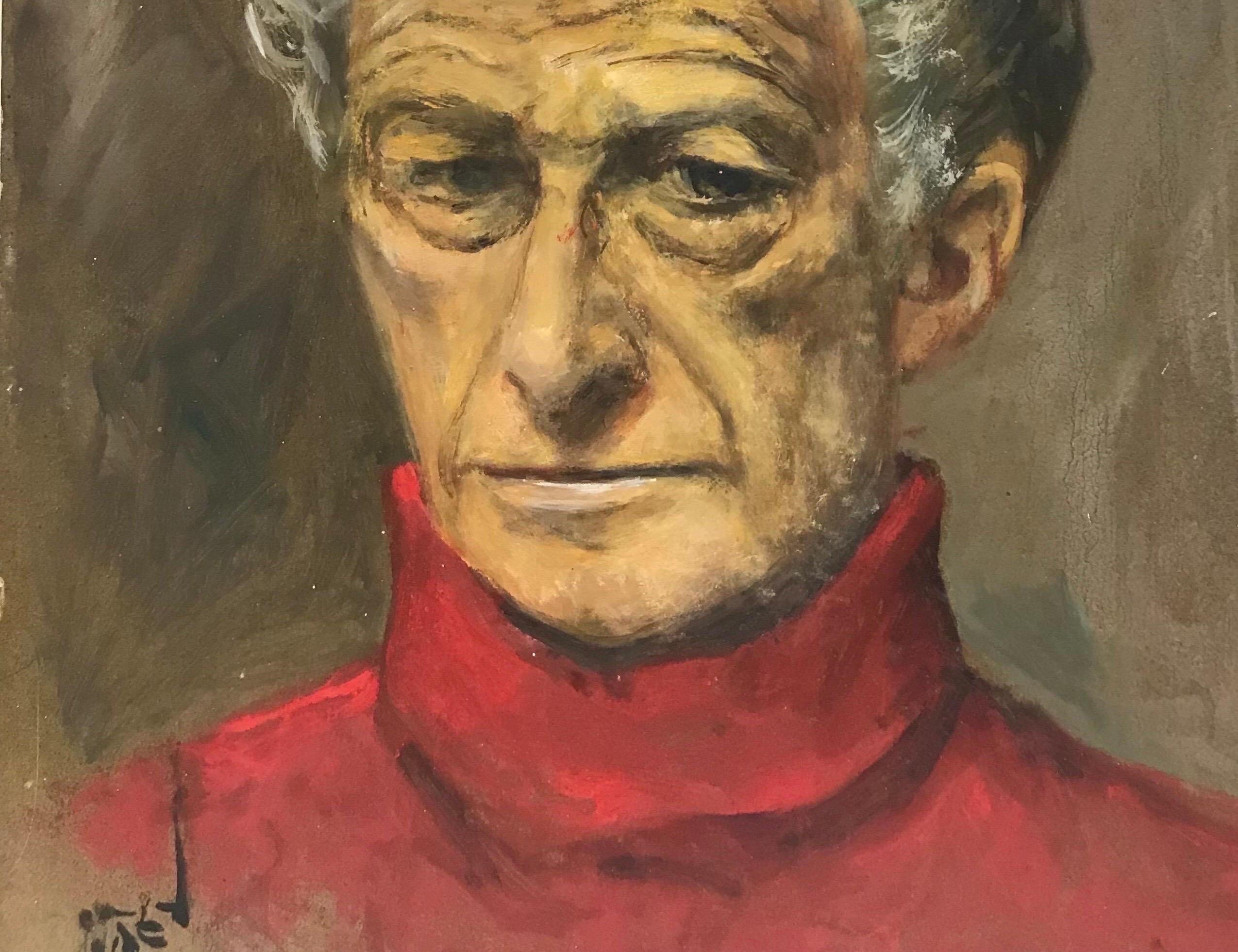 Portrait of Distinguished Man in Red Polo Neck Sweater, signed oil painting For Sale 1