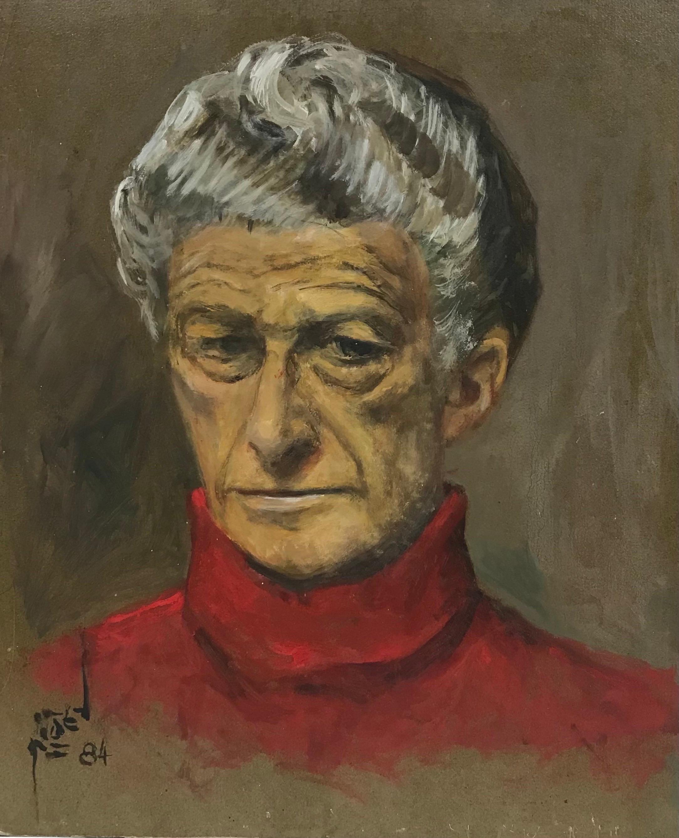 1980's French Figurative Painting – Porträt eines markanten Mannes mit rotem Polokragenpullover, signiertes Ölgemälde