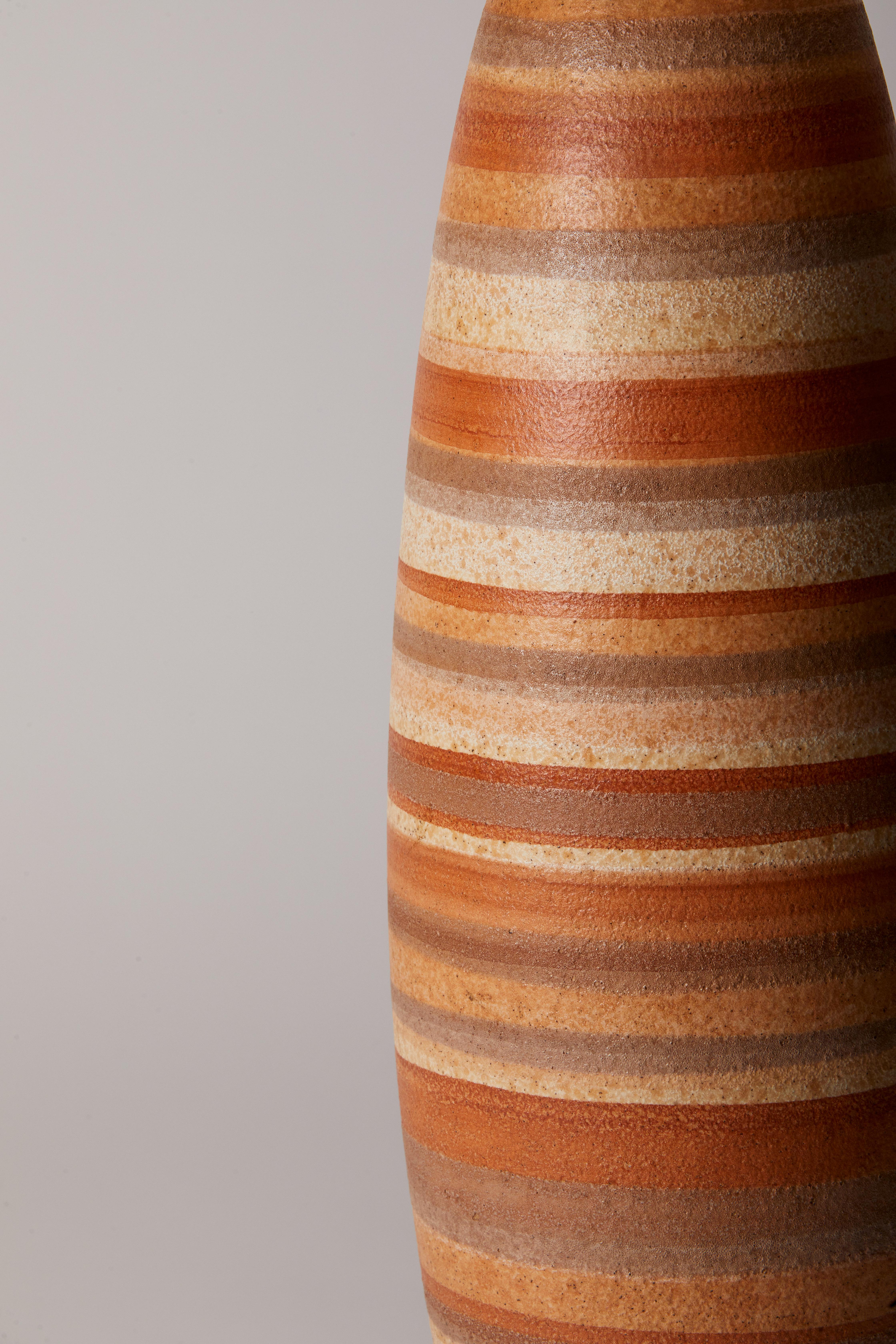 European 1980s French Pair of Earth Tone Striped Pottery Lamps With Custom Lampshades