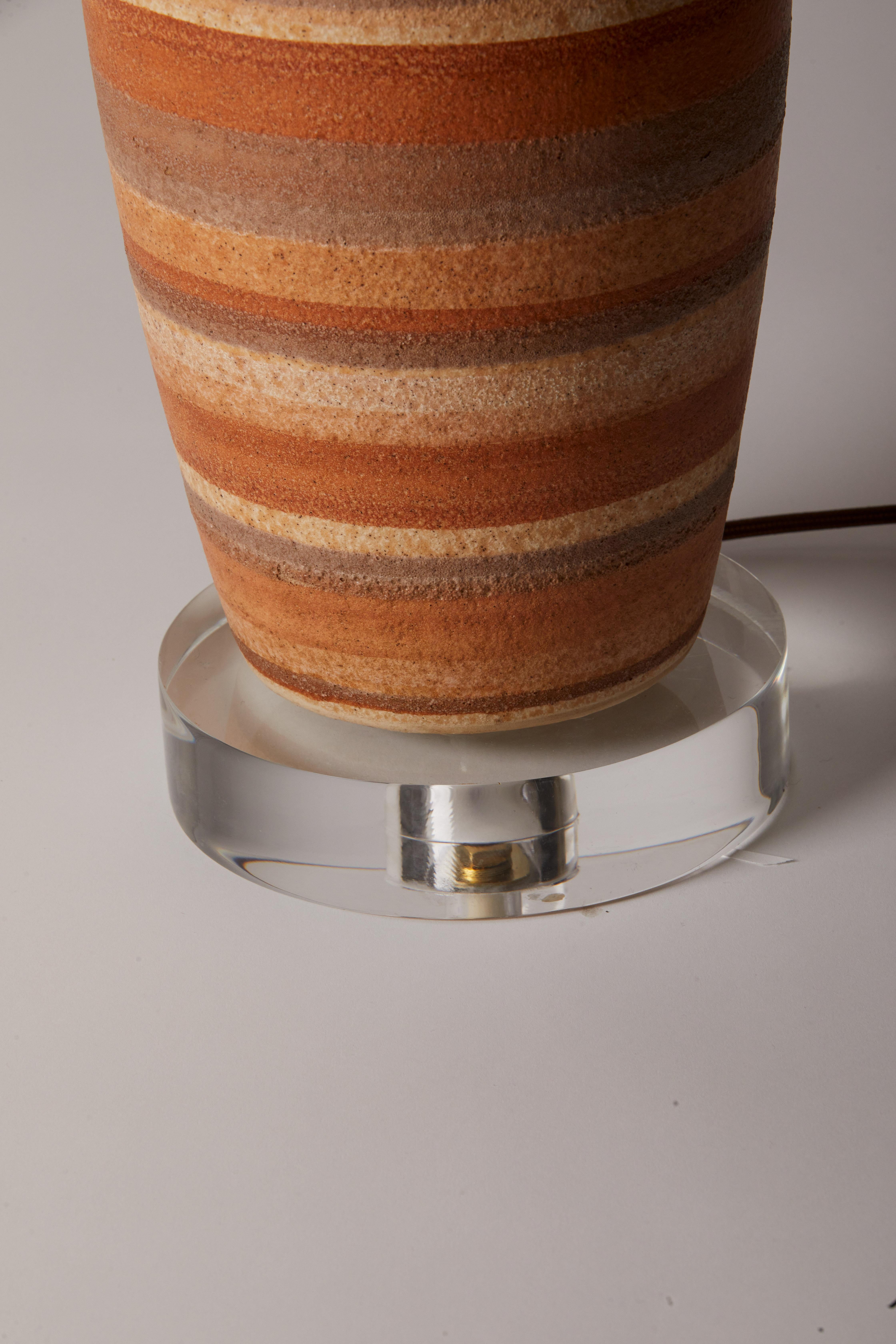 1980s French Pair of Earth Tone Striped Pottery Lamps With Custom Lampshades In Good Condition In Aspen, CO