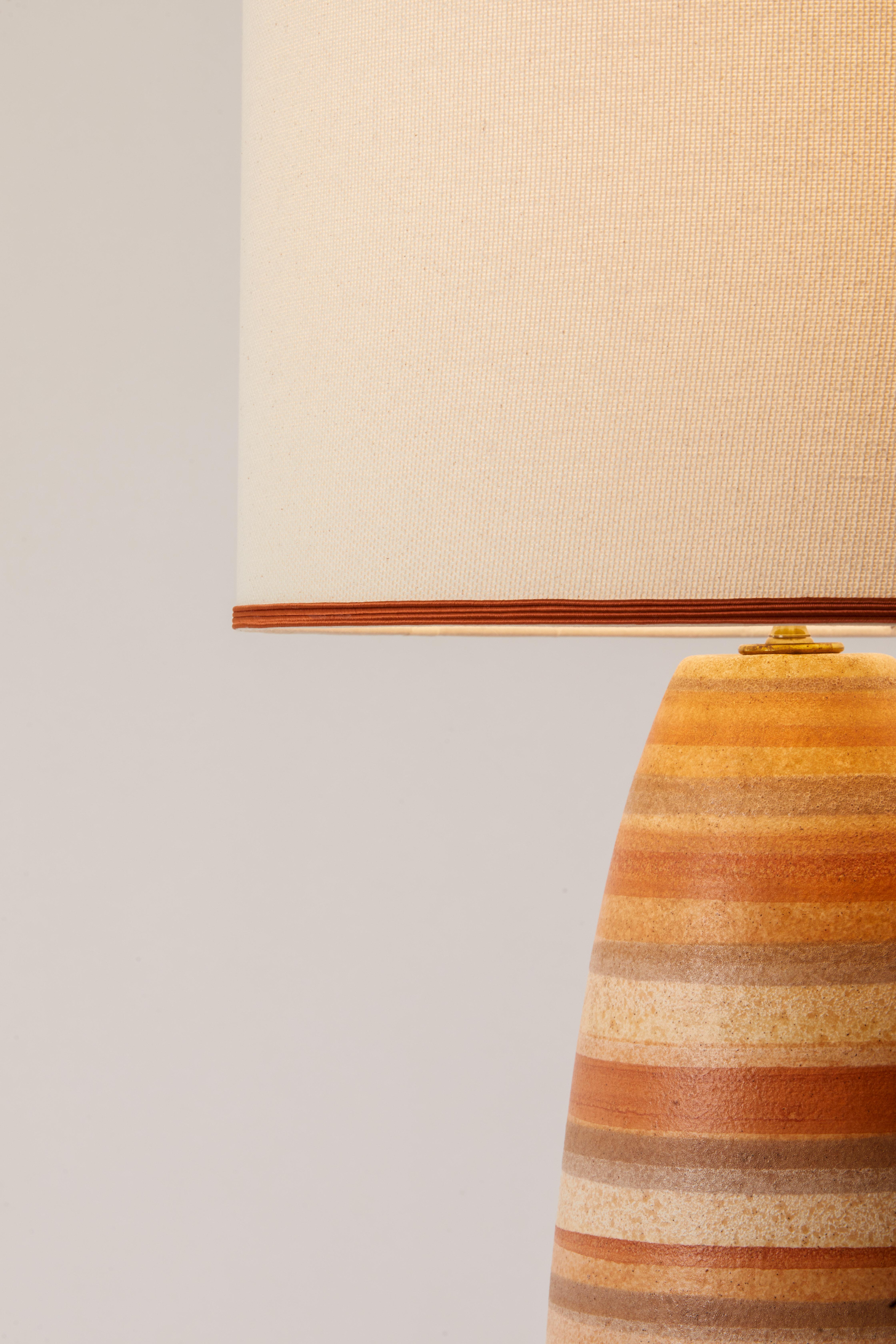 1980s French Pair of Earth Tone Striped Pottery Lamps With Custom Lampshades 1