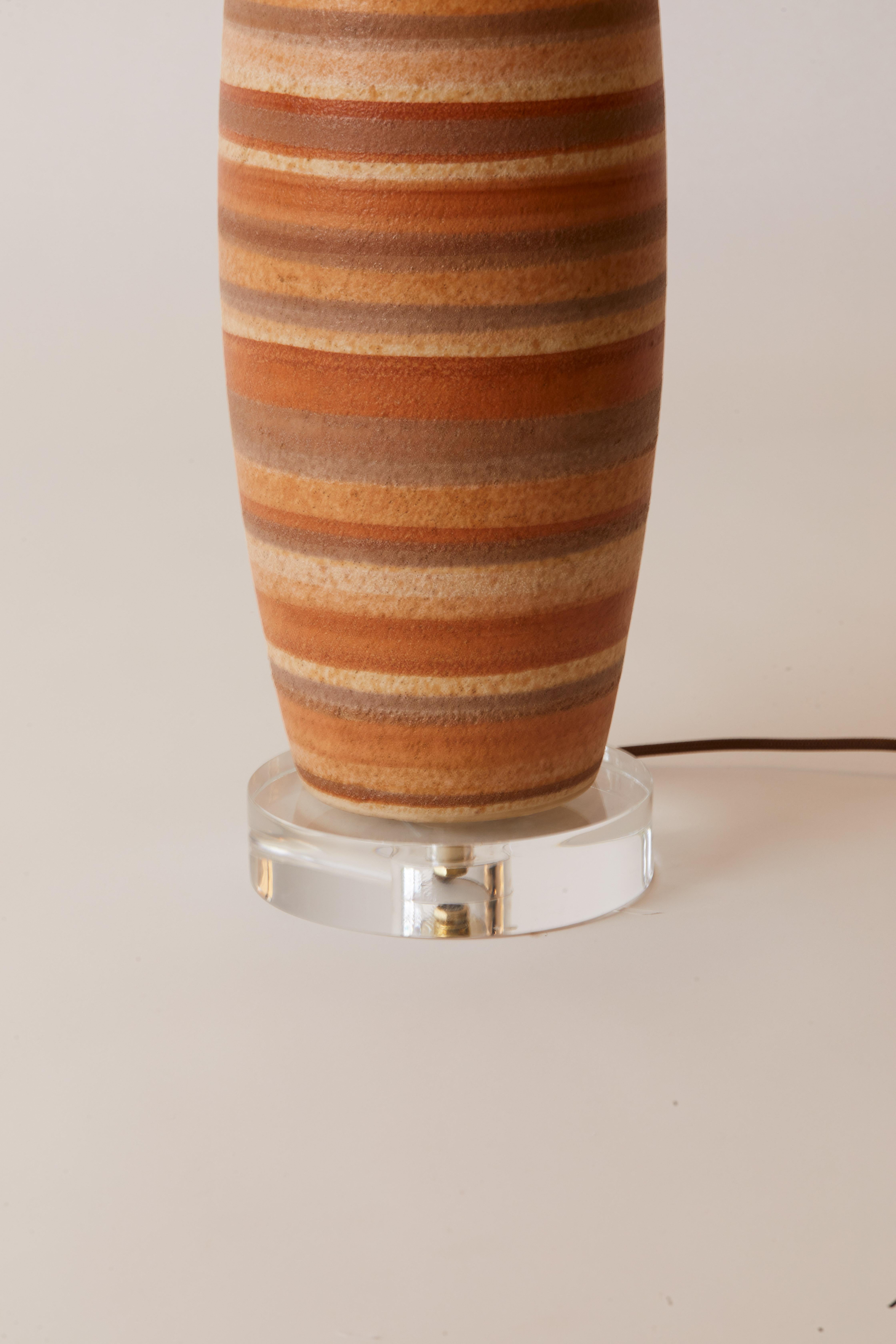 1980s French Pair of Earth Tone Striped Pottery Lamps With Custom Lampshades 3
