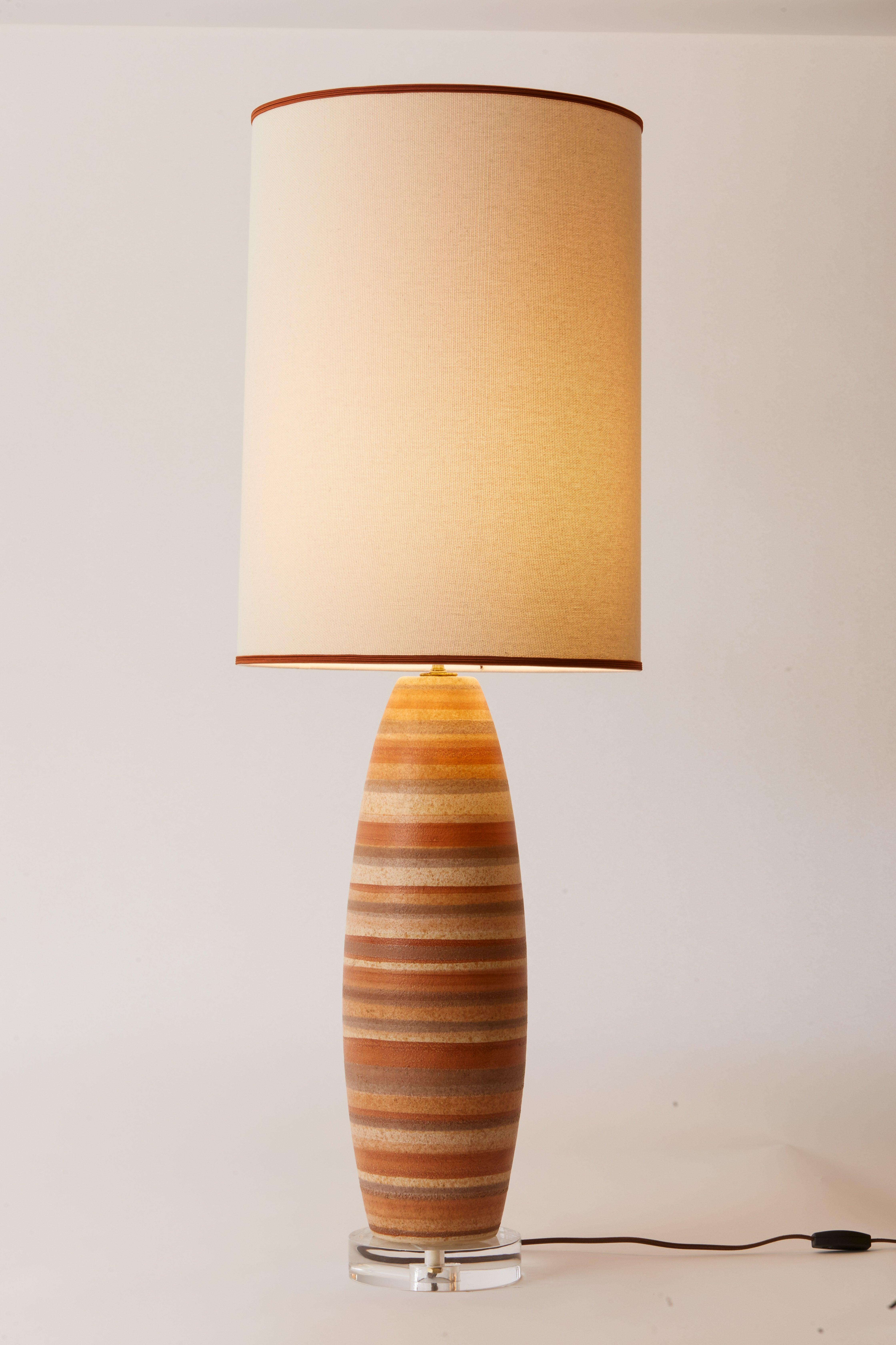 1980s French Pair of Earth Tone Striped Pottery Lamps With Custom Lampshades 4