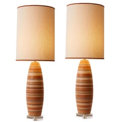 1980s French Pair of Earth Tone Striped Pottery Lamps With Custom Lampshades