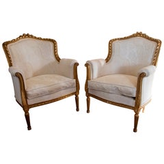 1980s French Pair of Wooden Upholstered Armchairs