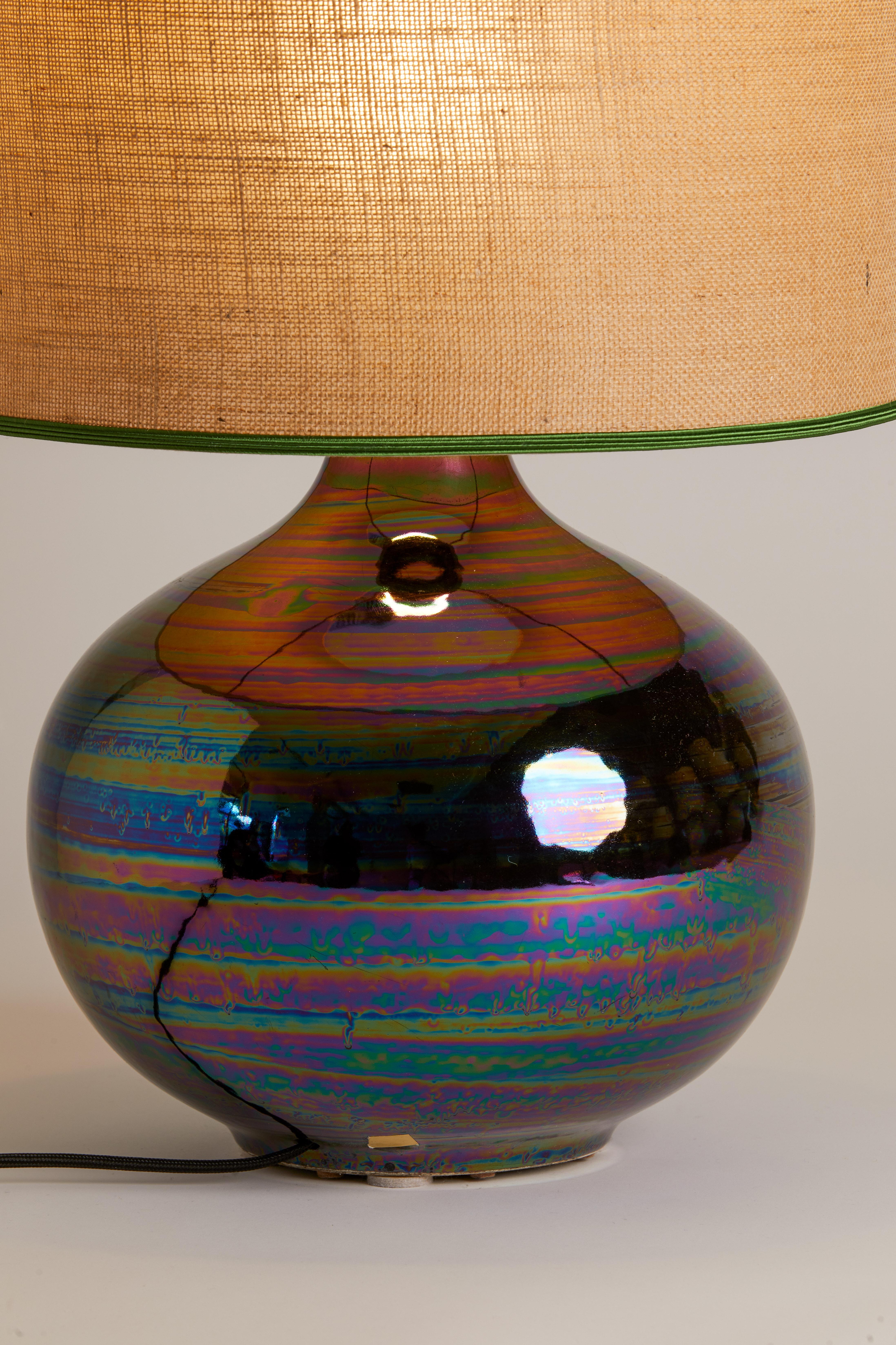 1980s French Rainbow pottery lamp with Custom Shade.