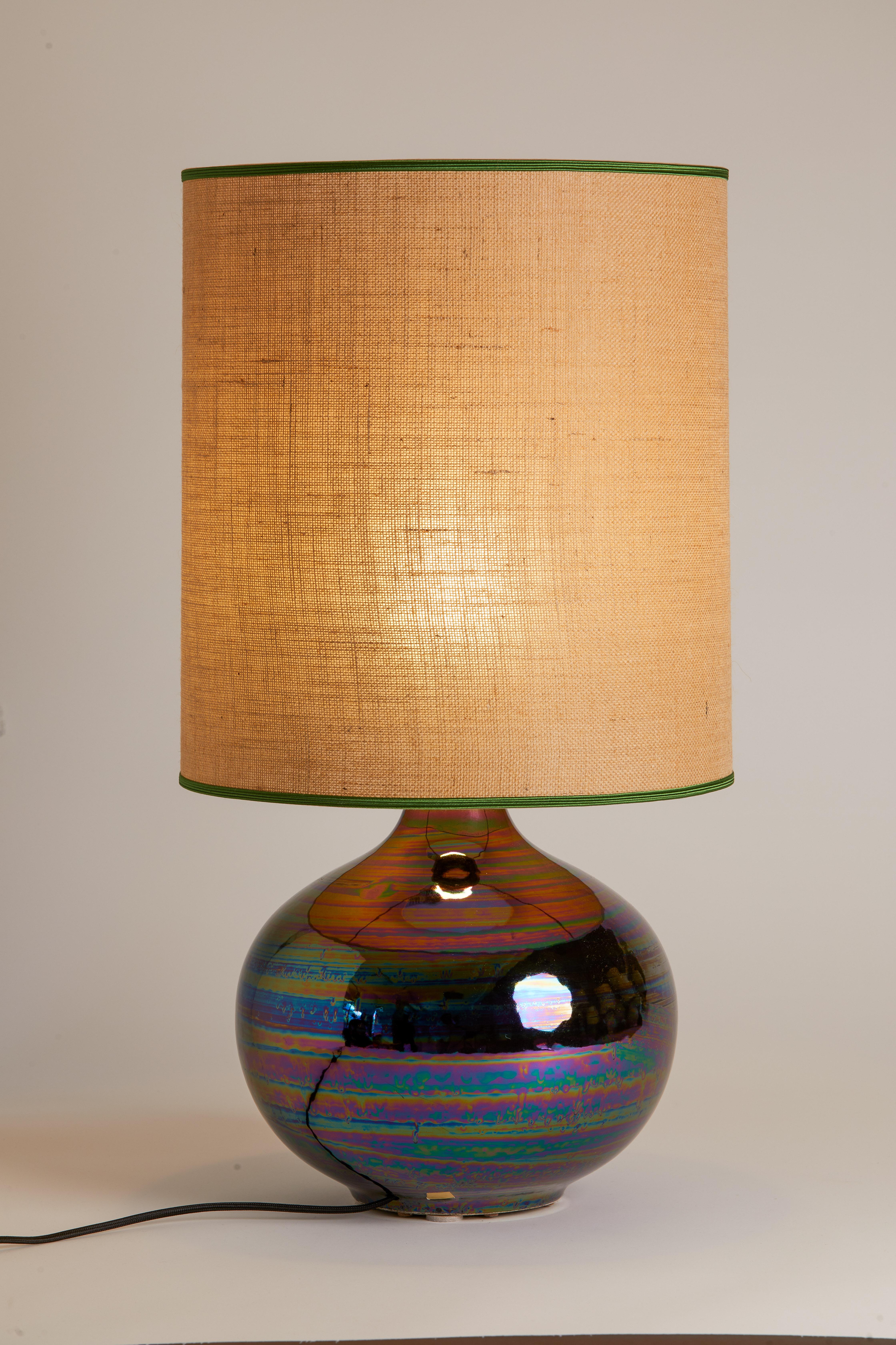 Late 20th Century 1980s French Rainbow Pottery Lamp with Custom Shade For Sale