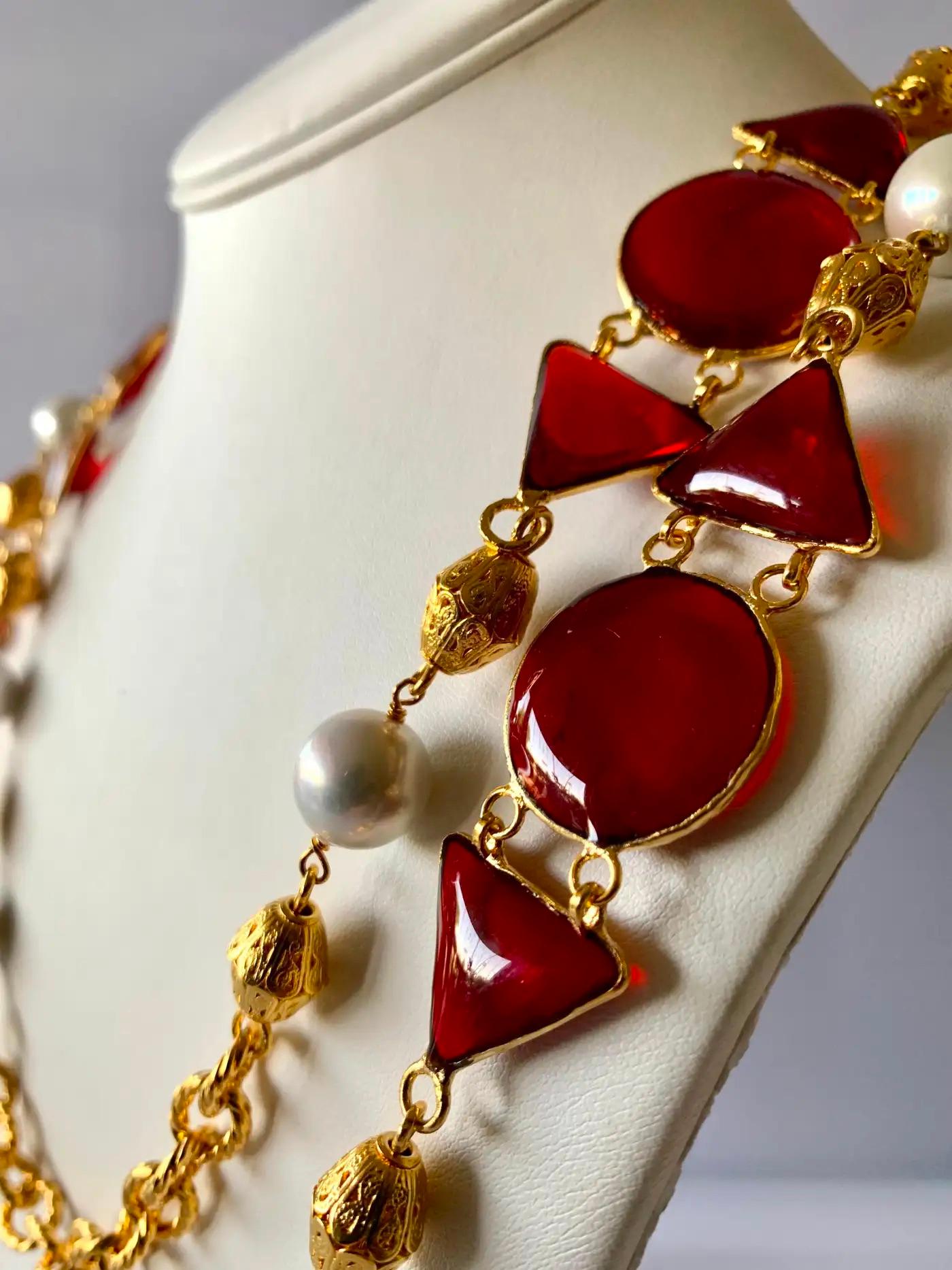 Hand-Crafted 1980s French Red Gripoix Pearl Sautoir Necklace Pate de Verre Costume Jewelry For Sale