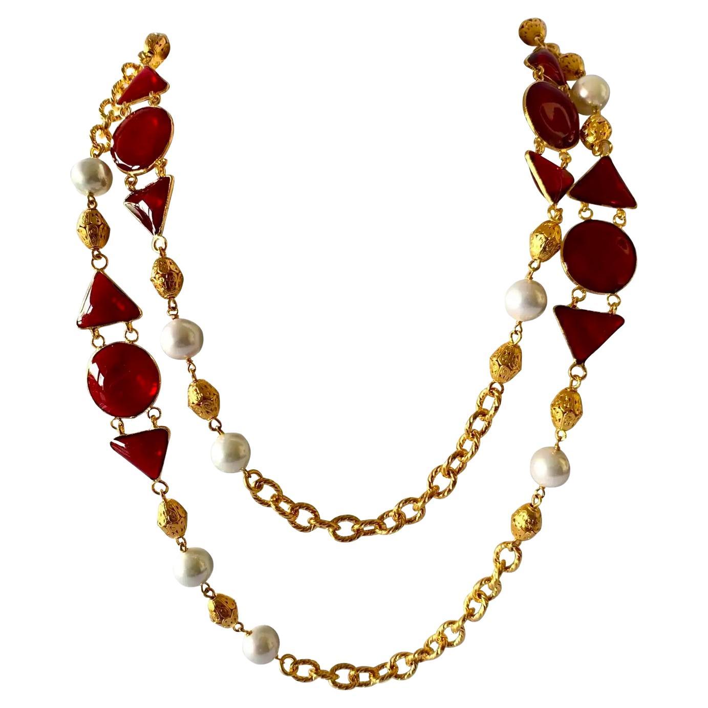 1980s French Red Gripoix Pearl Sautoir Necklace Pate de Verre Costume Jewelry For Sale