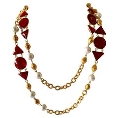 Retro 1980s French Red Gripoix Pearl Sautoir Necklace Pate de Verre Costume Jewelry