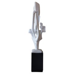 1980s French Roger Desserprit White Concrete Abstract Sculpture on Steel Base