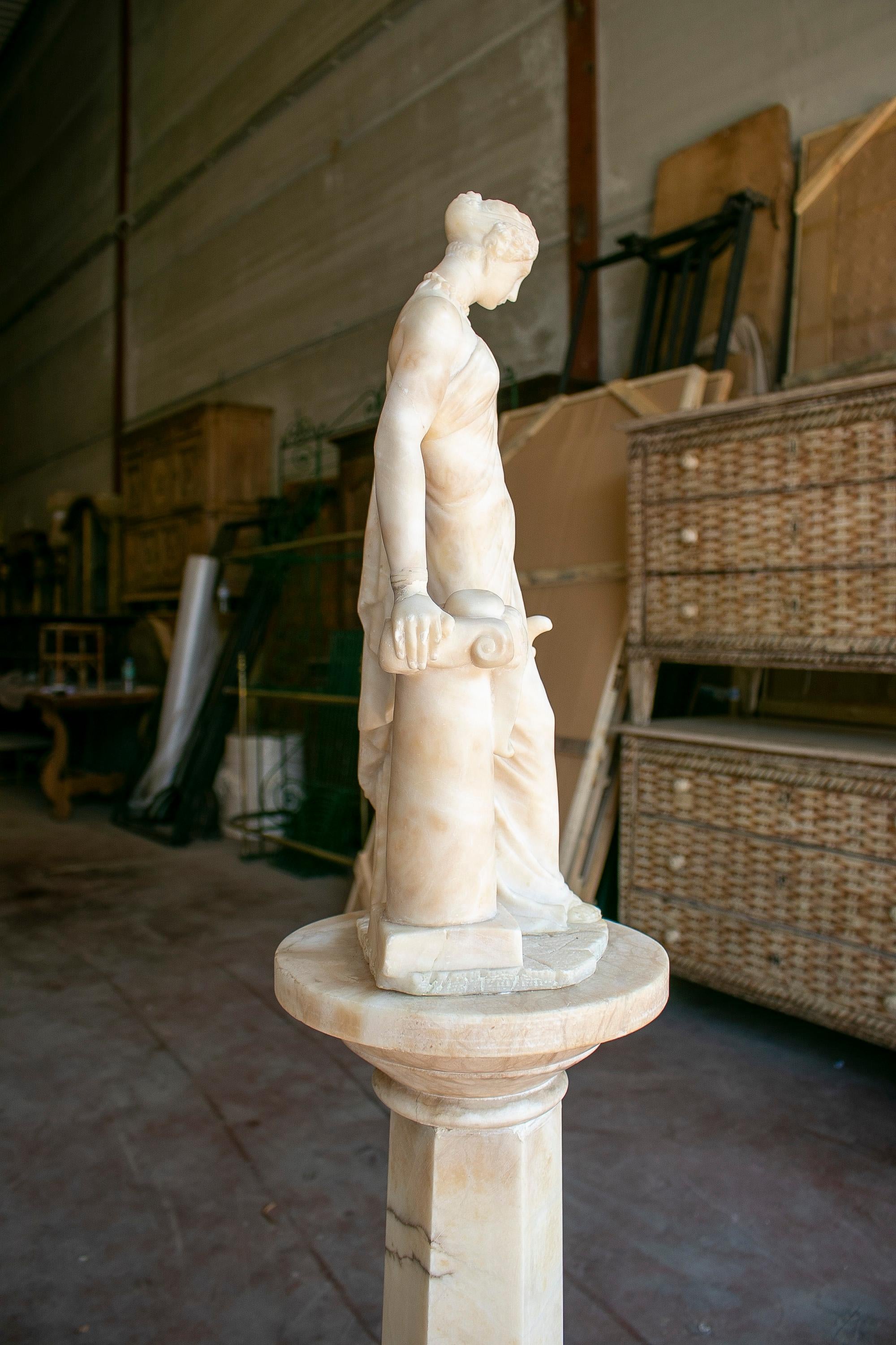 20th Century 1980s French Romantic Woman Marble Sculpture w/ Pedestal Base For Sale