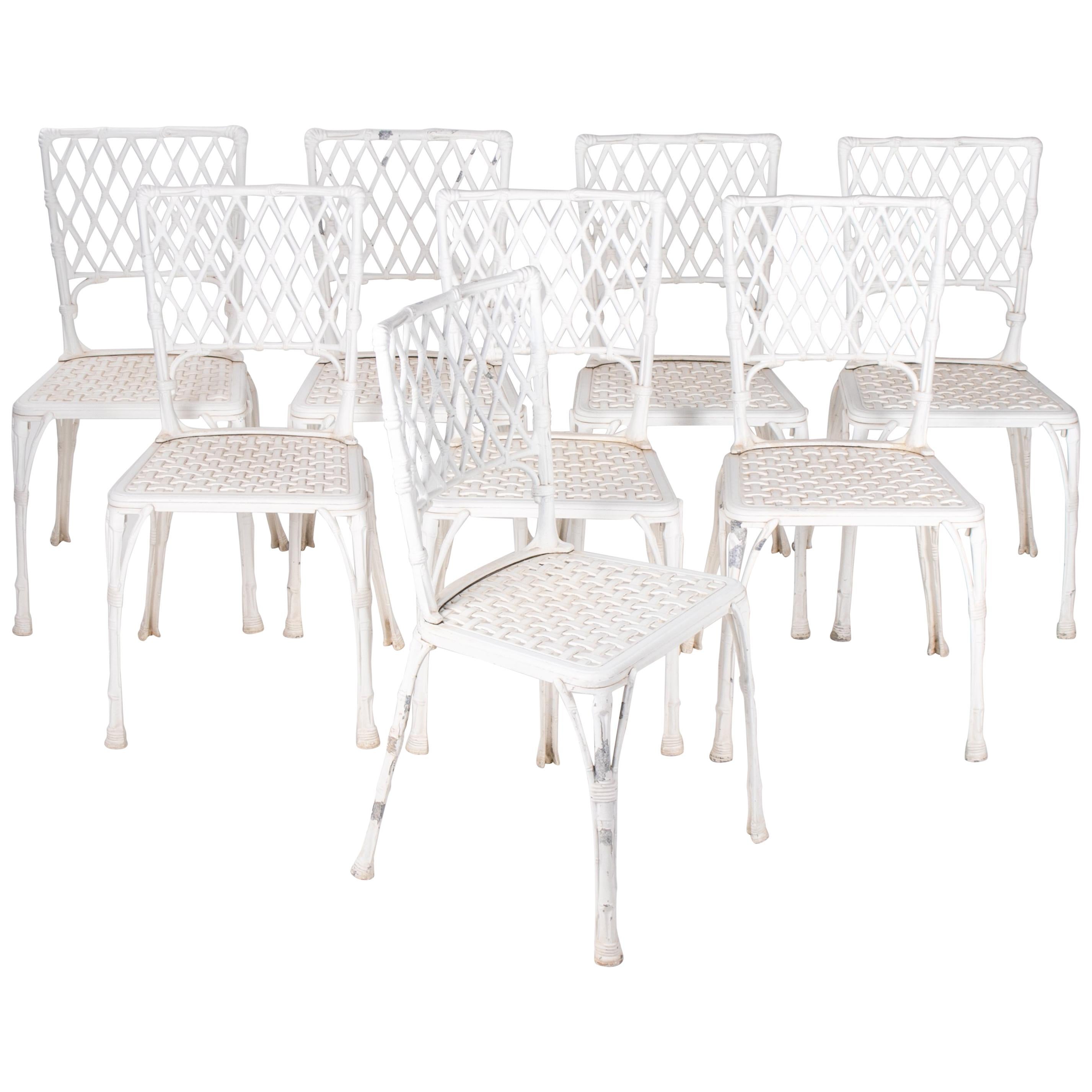 1980s French Set of Eight Aluminium Chairs Imitating Bamboo and Rattan