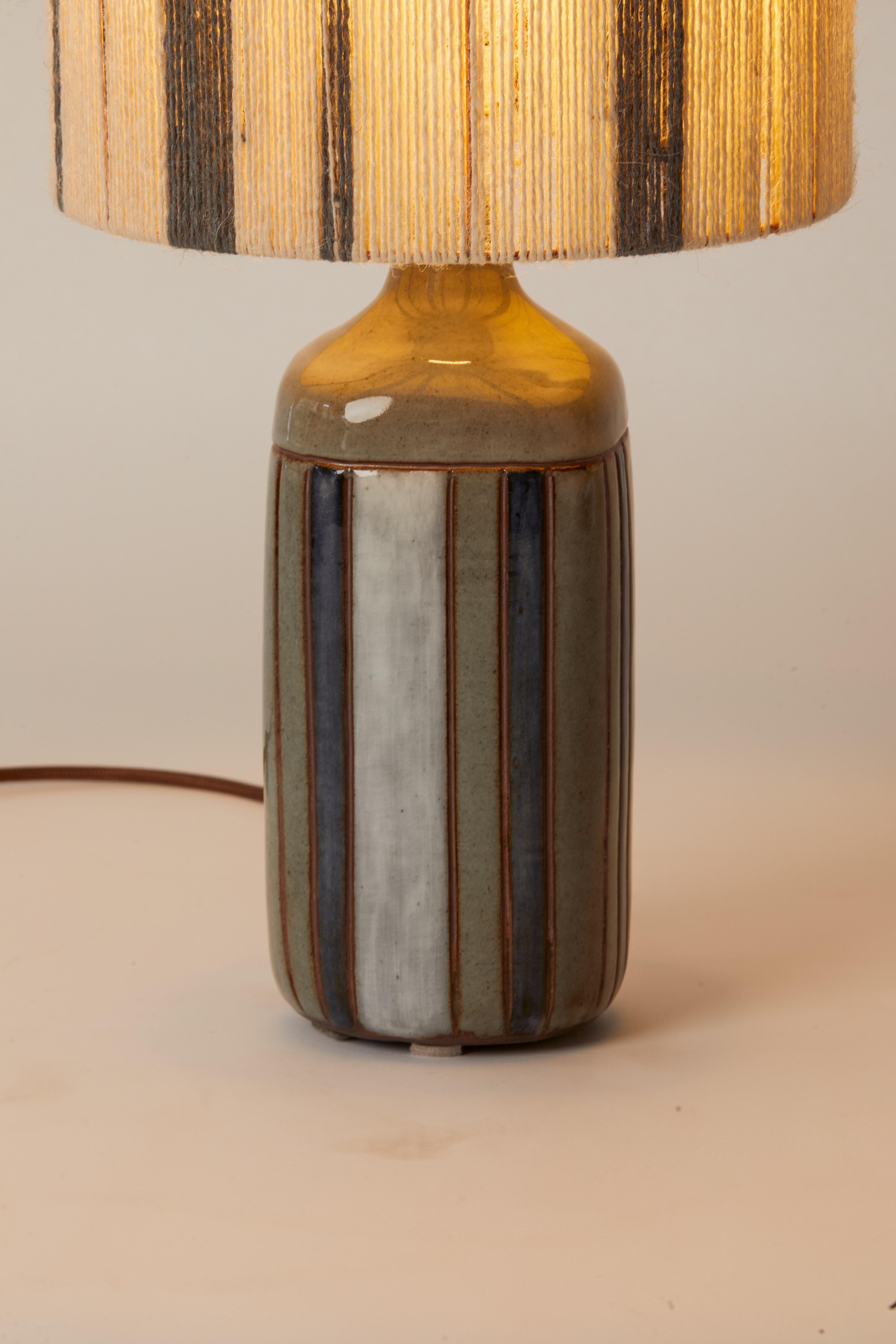 1980s French Small Green & Blue Striped Pottery Lamp with Matching Shade In Good Condition In Aspen, CO