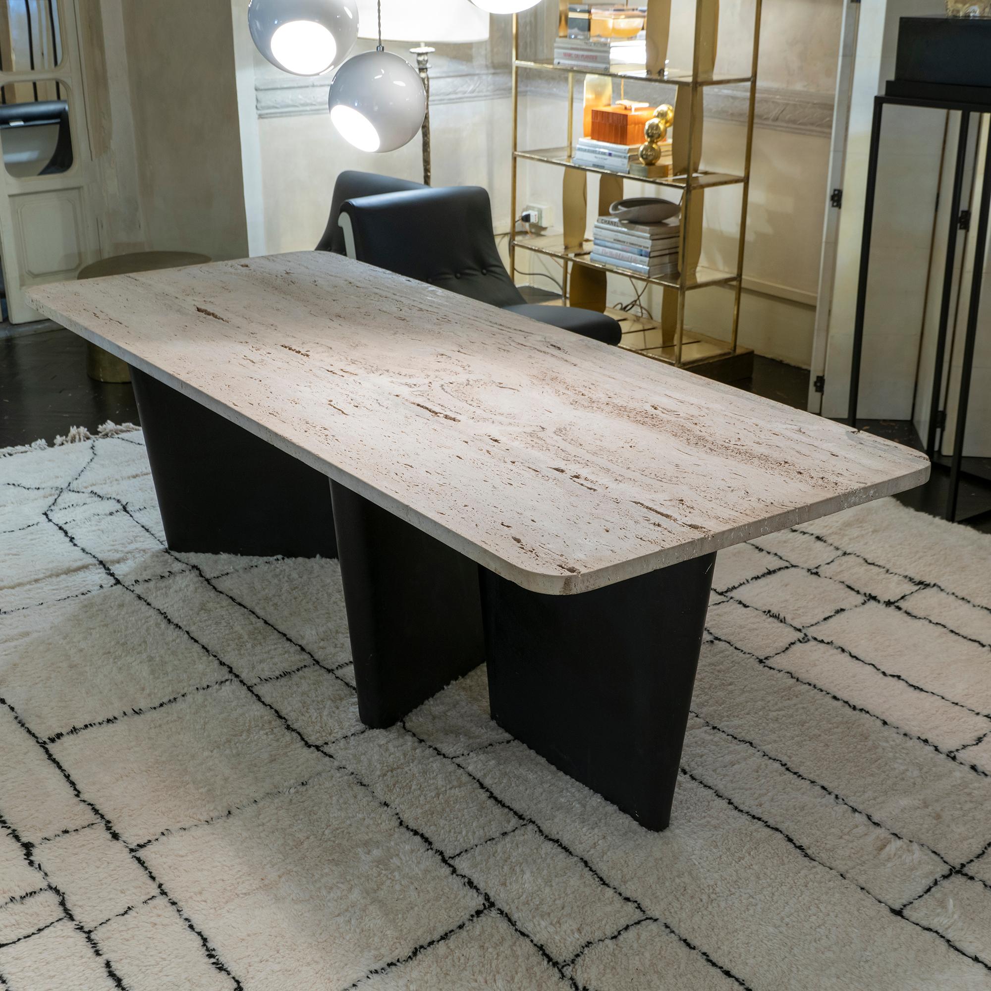 Late 20th Century 1980s French Travertine and Steel Centre or Dining Table