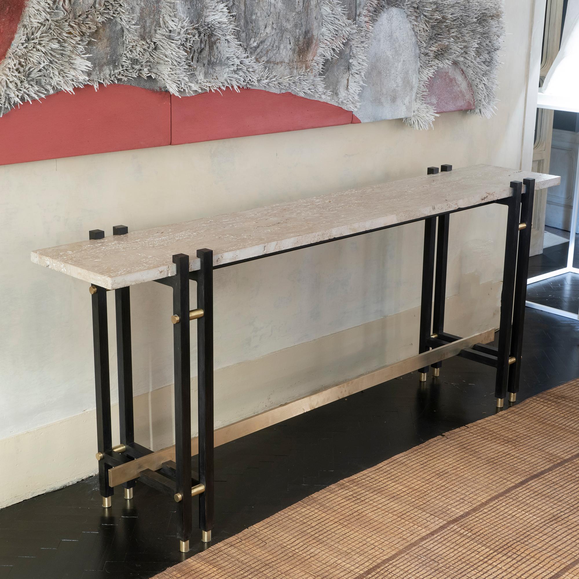Brutalist 1980s French Travertine and Steel Console, Brass Details