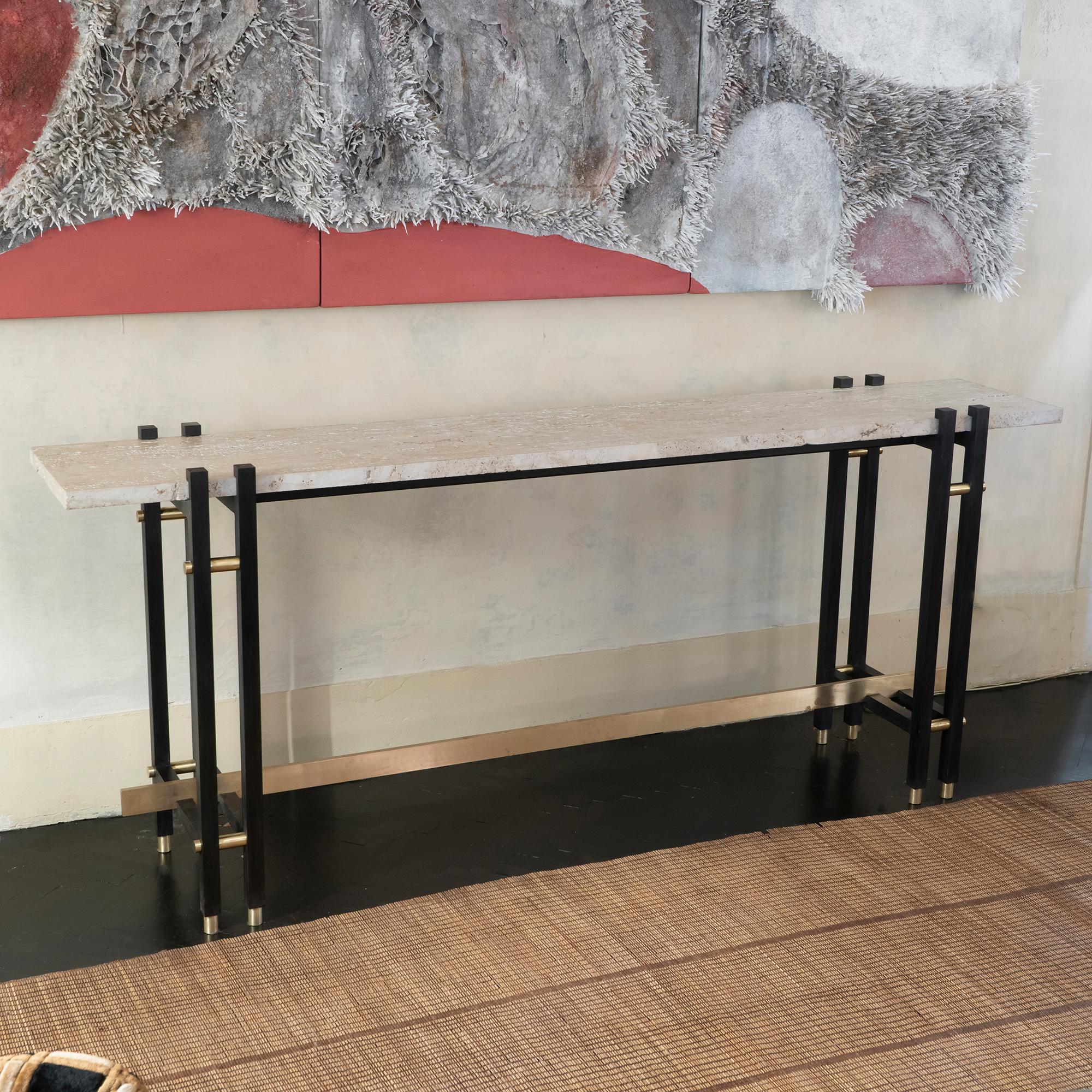 1980s French Travertine and Steel Console, Brass Details 1