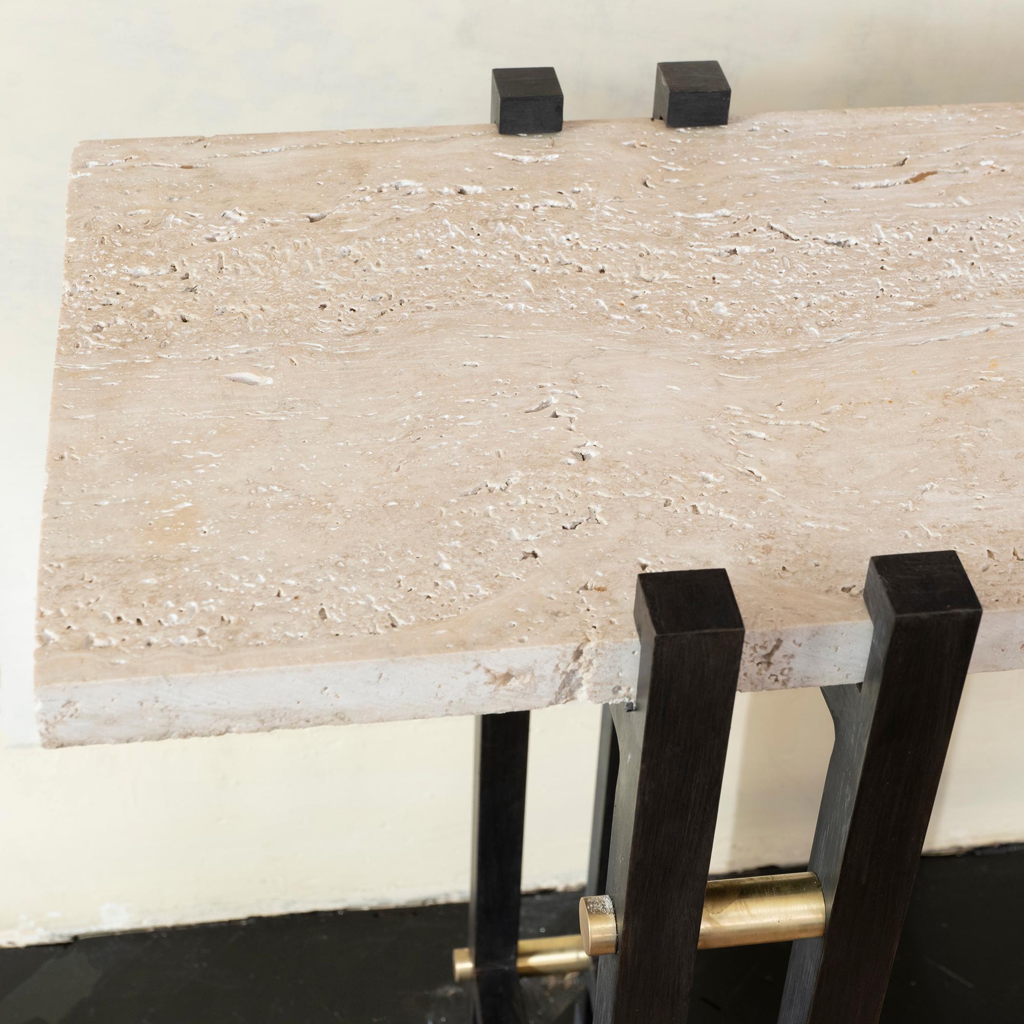 1980s French Travertine and Steel Console, Brass Details 4