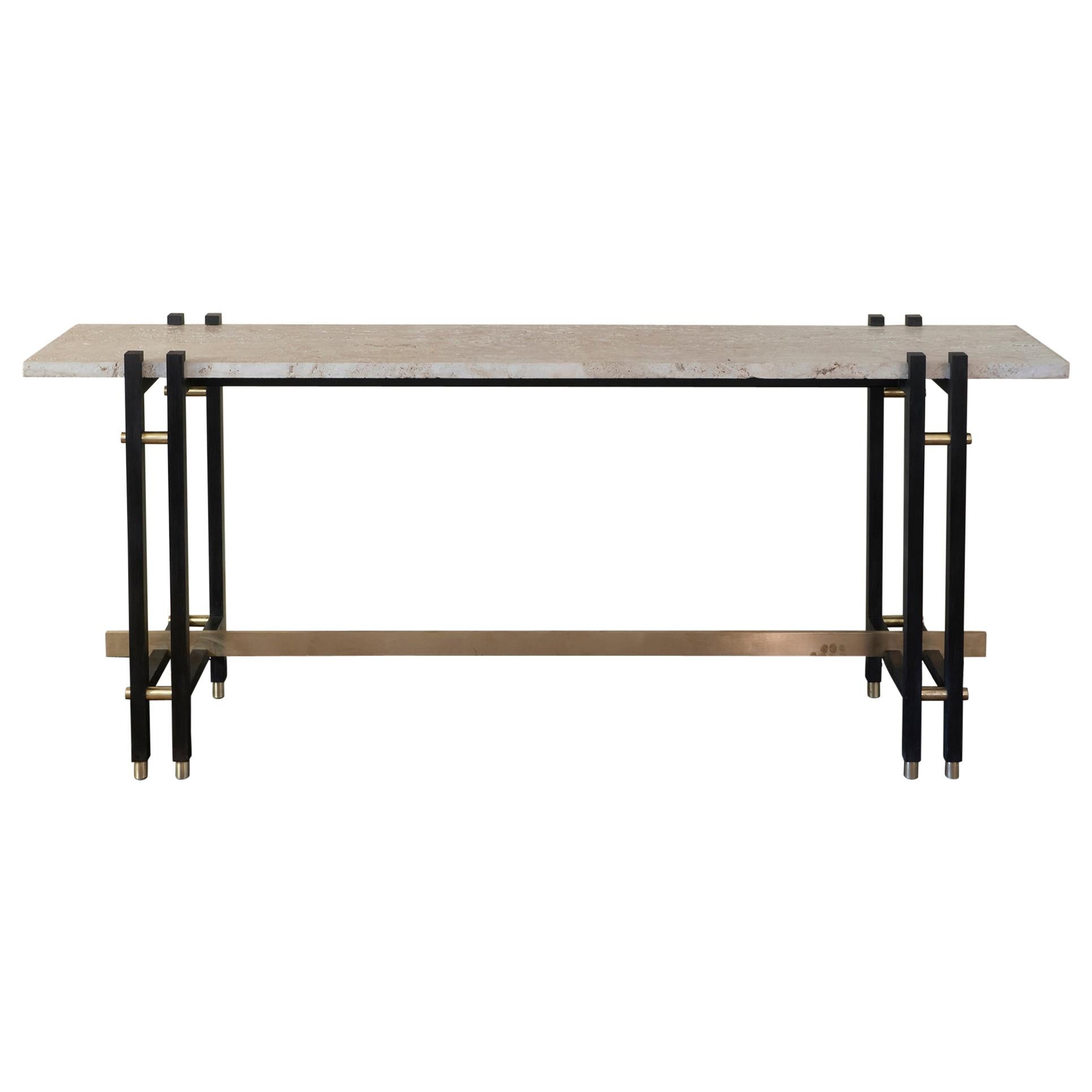 1980s French Travertine and Steel Console, Brass Details