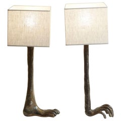 1980s French Unique Bronze Hand and Foot Design Signed Pair of Lamps