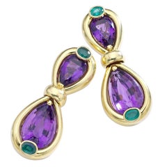 1980s French Verney Emerald Amethyst Yellow Gold Earrings Earclips