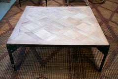 1980s French Wood Top on Rectangular Iron Base Industrial Styled Coffee Table