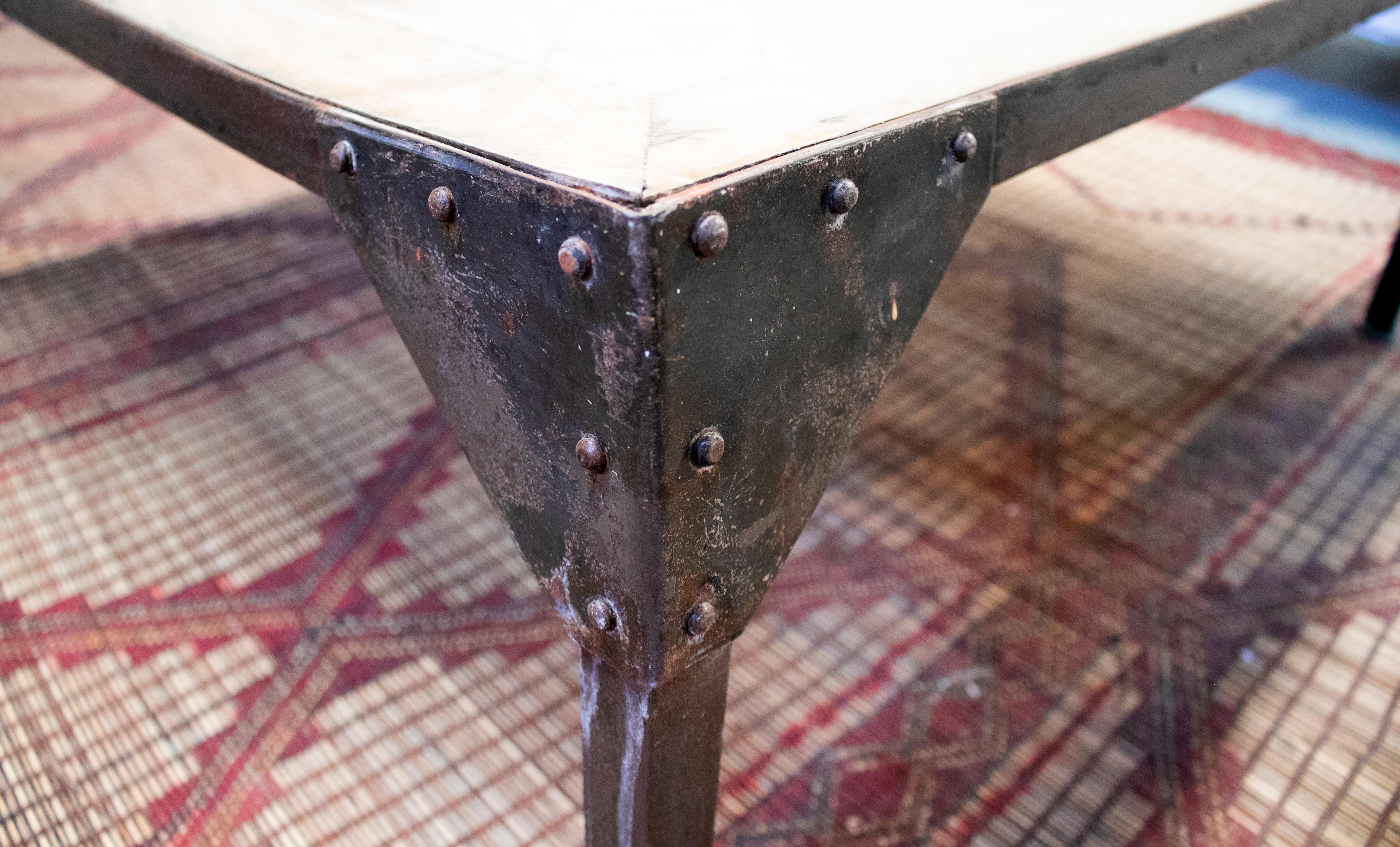 1980s French Wood Top on Rectangular Iron Base Industrial Styled Coffee Table For Sale 4