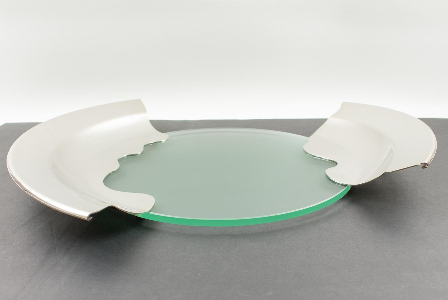 1980s Futurist Silver Plate Glass Platter Bowl Centerpiece 4
