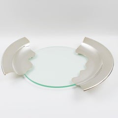 1980s Futurist Silver Plate Glass Platter Bowl Centerpiece