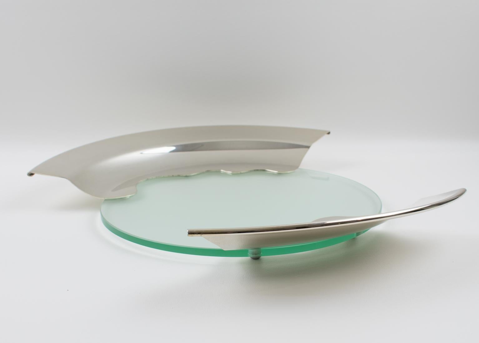 French 1980s Futurist Silver Plate Glass Platter Bowl Centerpiece