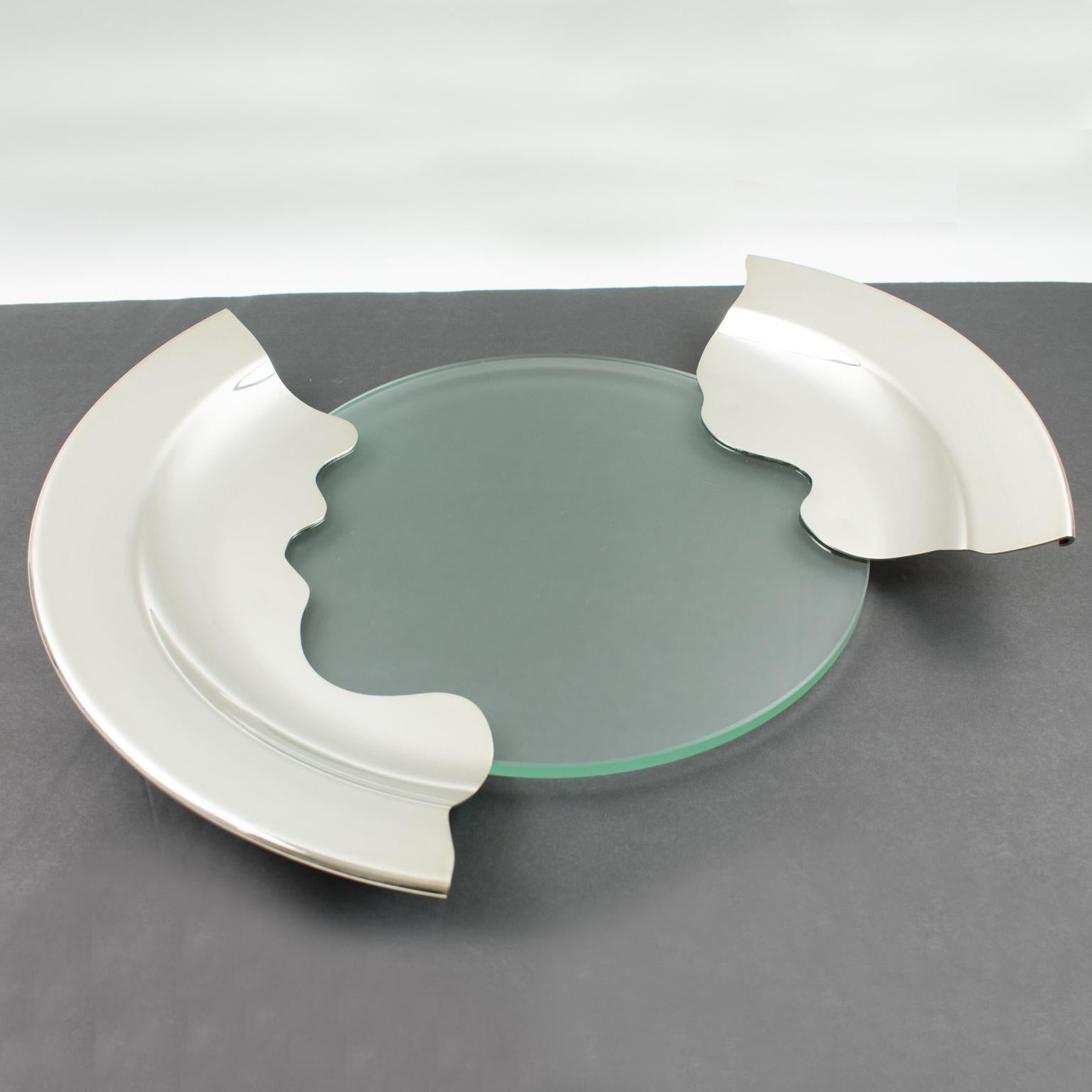 Metal 1980s Futurist Silver Plate Glass Platter Bowl Centerpiece